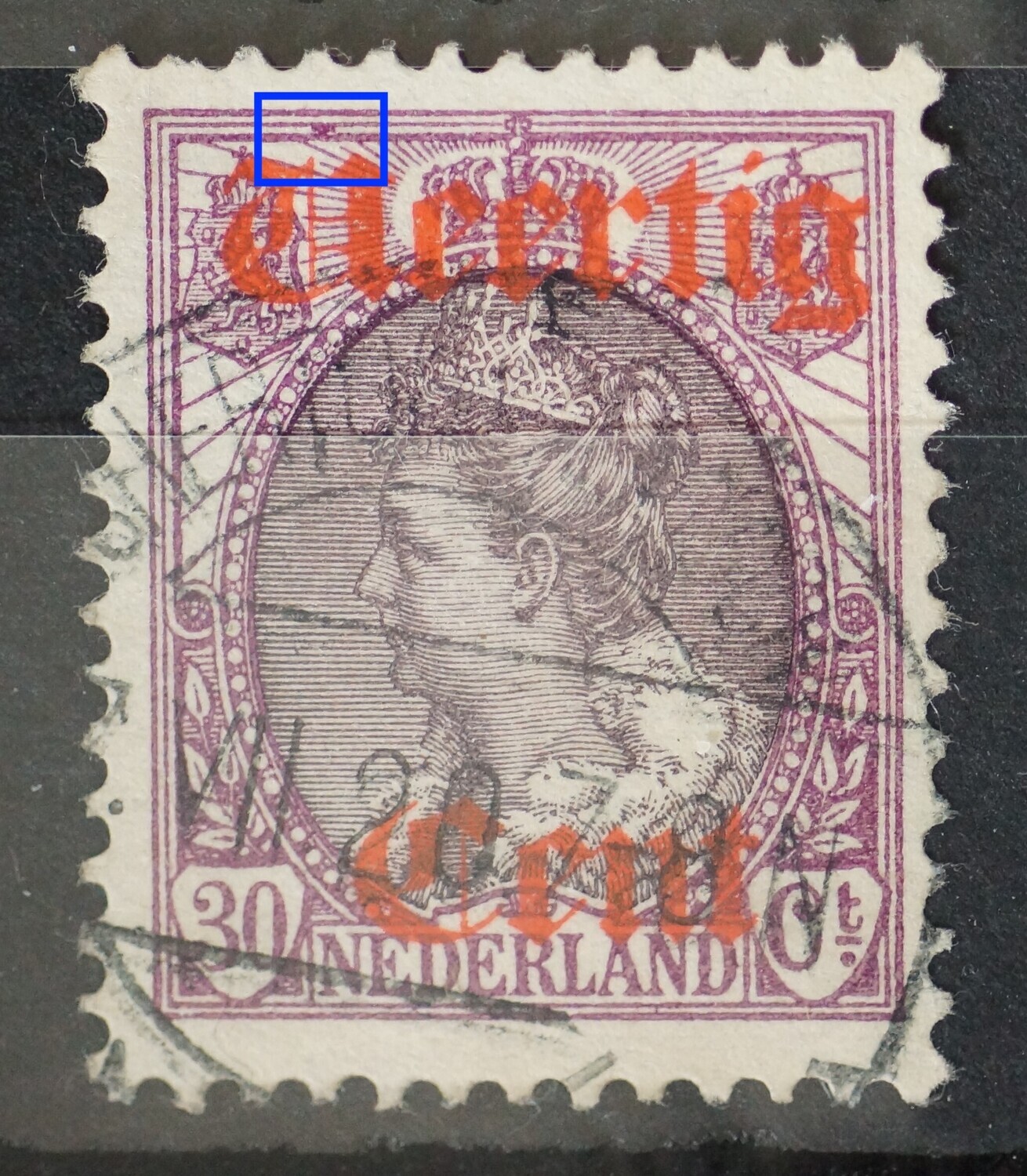 NVPH 102 - grote violette vlek tussen kaderlijnen boven, links NVPH 102 - grote violette vlek tussen kaderlijnen boven, links