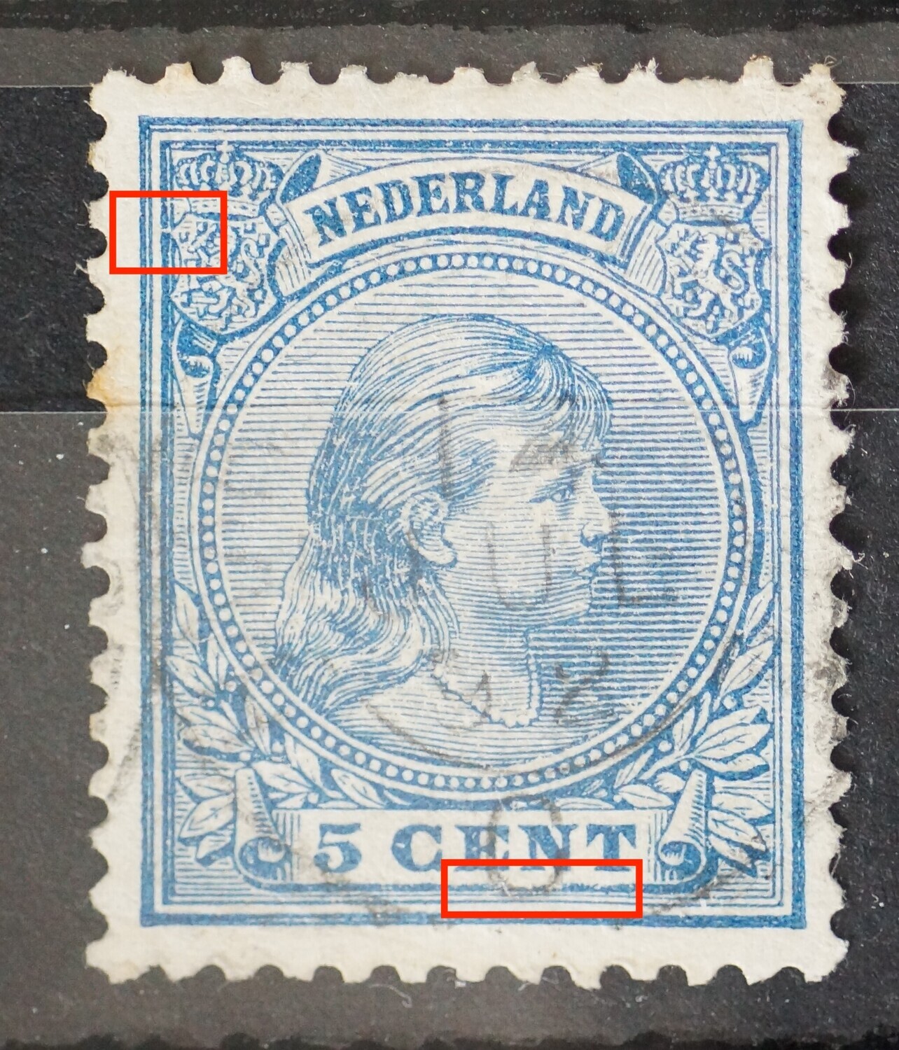 NVPH 35 - o.a. breuk in kaderlijn bij linker wapenschild NVPH 35 - o.a. breuk in kaderlijn bij linker wapenschild