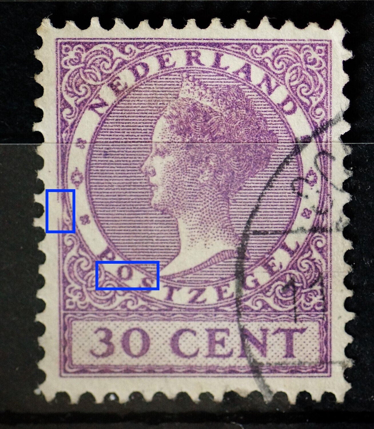 NVPH 158 - breuk in kaderlijn links, midden en violette streep van de O naar de S van POSTZEGEL