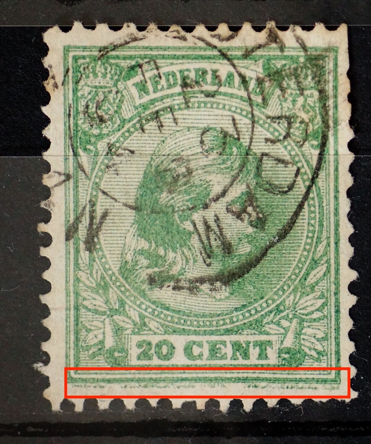 NVPH 40 - trildruk: extra groene lijn onder het zegelbeeld NVPH 40 - trildruk: extra groene lijn onder het zegelbeeld