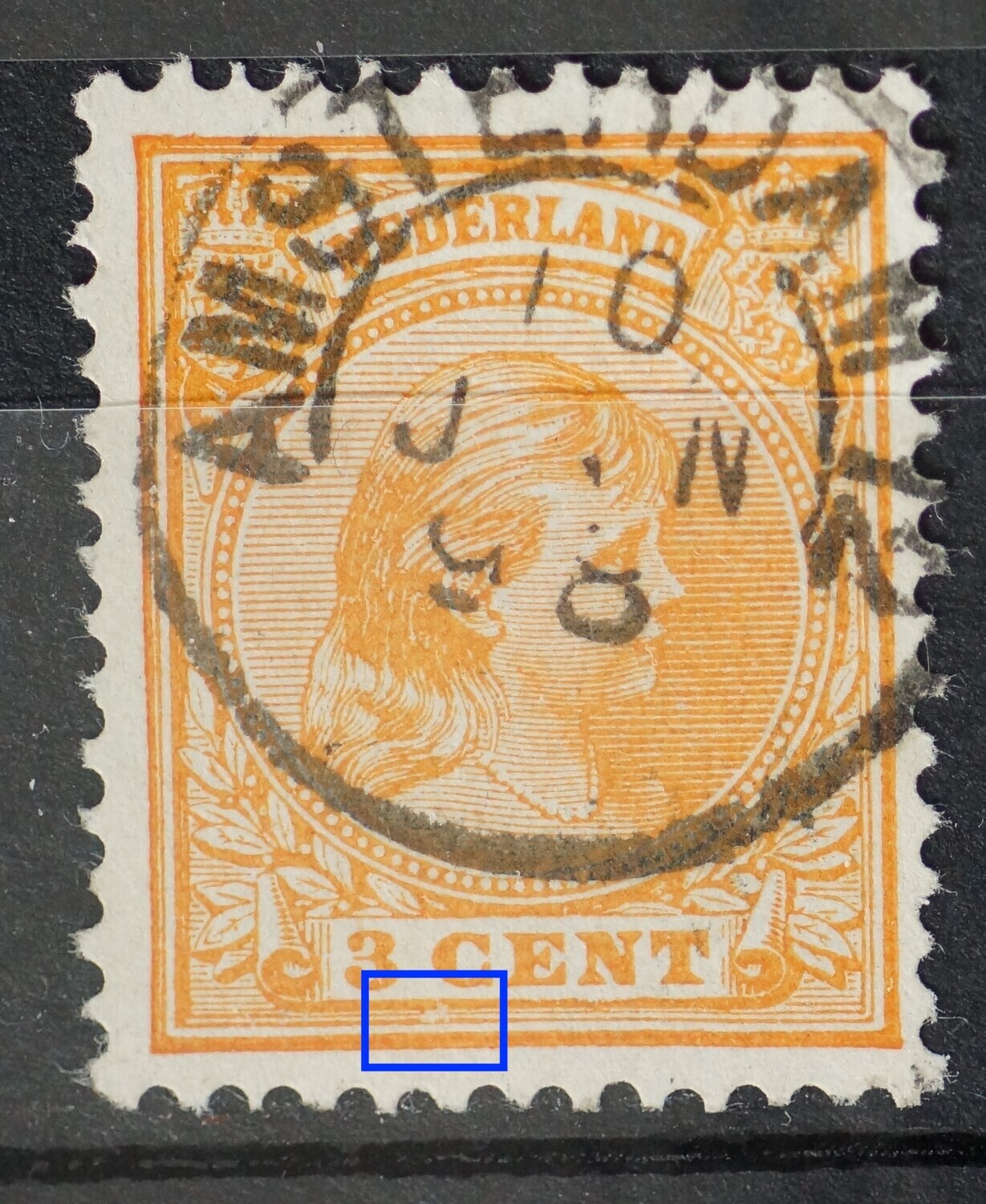 NVPH 34 - witte vlek onder de C van CENT - uurkarakters ontbreken NVPH 34 - witte vlek onder de C van CENT - uurkarakters ontbreken