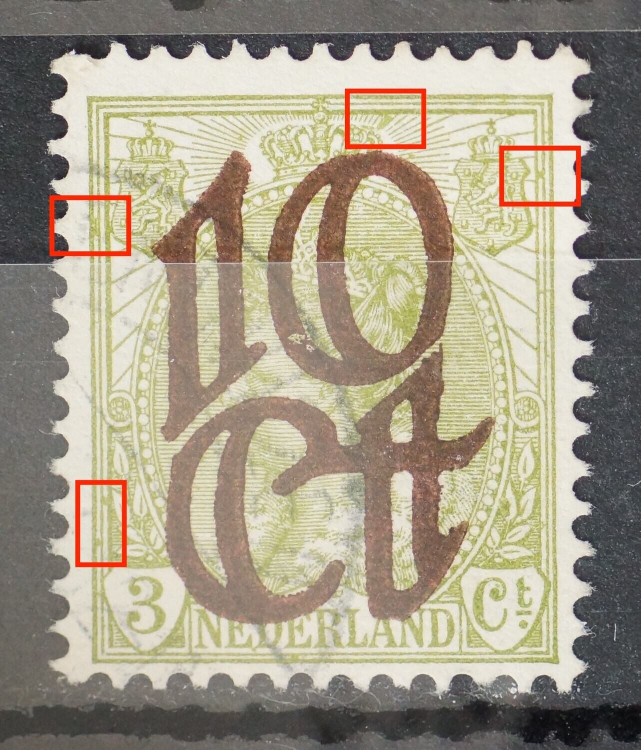 NVPH 116 - o.a. grote groene vlek tussen de stralen rechts van kroon