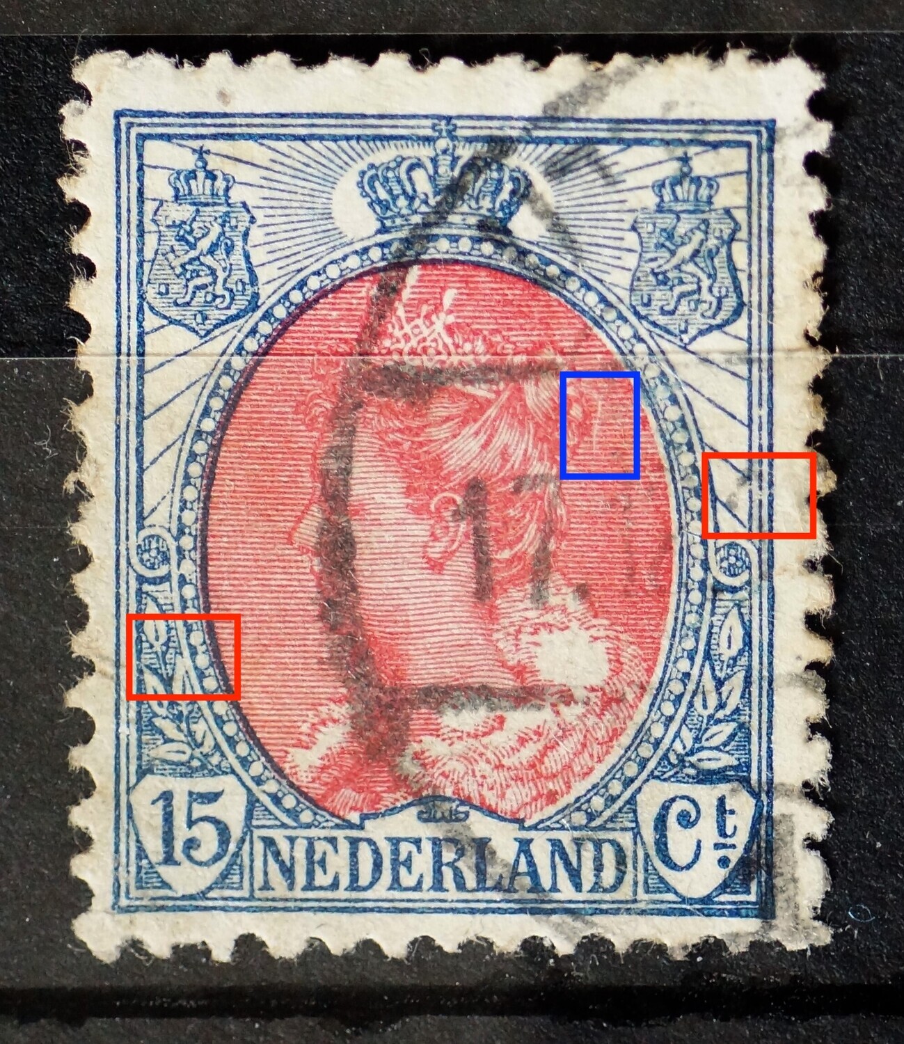 NVPH 65 - o.a. open rand medaillon bij blad links en witte kras achter het hoofd