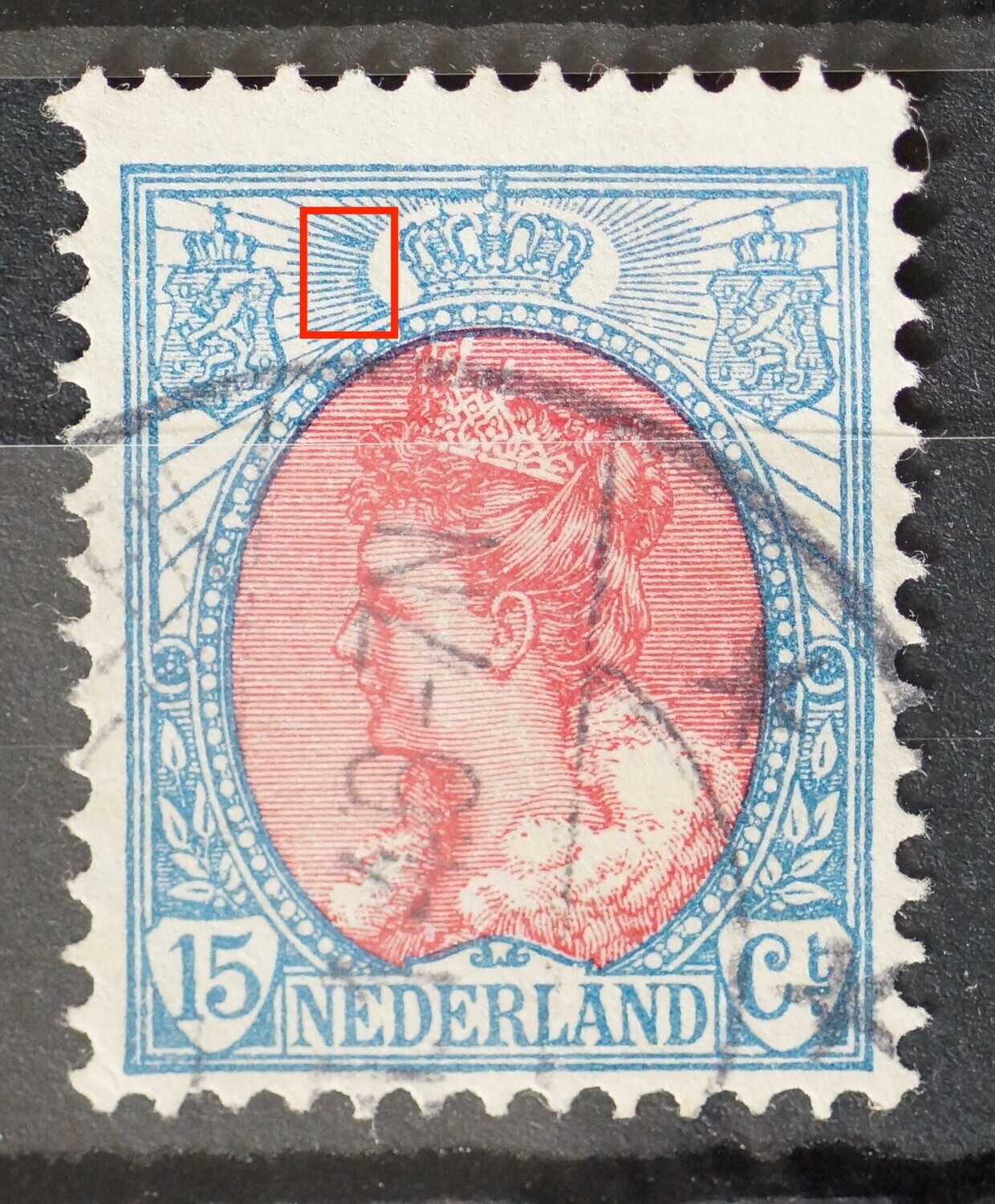 NVPH 65 - blauwe vlek tussen stralen en breuken daaronder