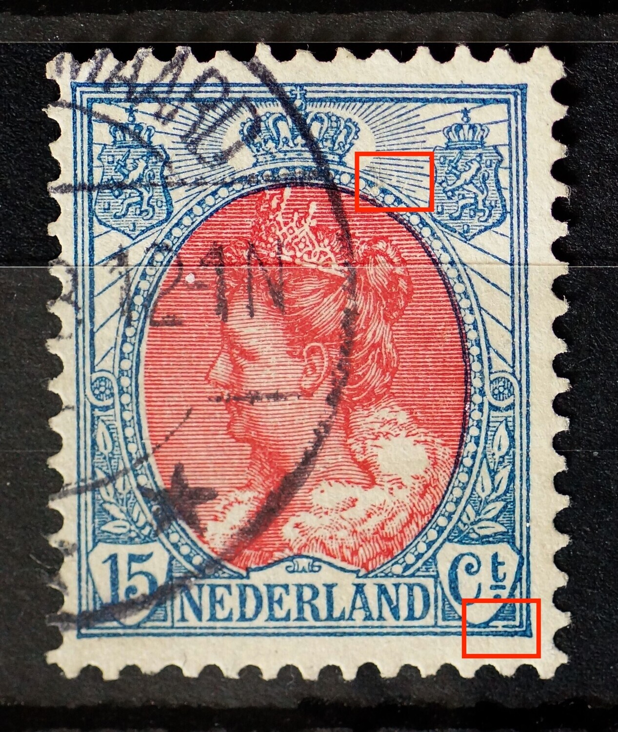 NVPH 65 - breuk in straal rechts van kroon en breuk in kaderlijn onder, rechts