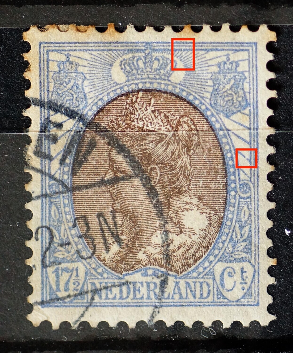 NVPH 67 - o.a. kras in stralen rechts van kroon en breuk in straal rechts