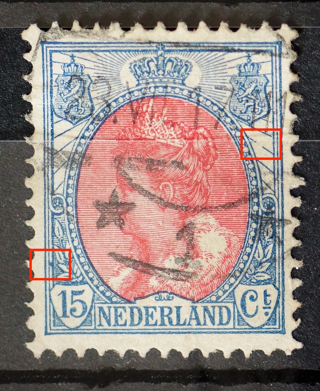 NVPH 65 - blauwe vlek tussen kaderlijnen links, grote breuk in straal rechts