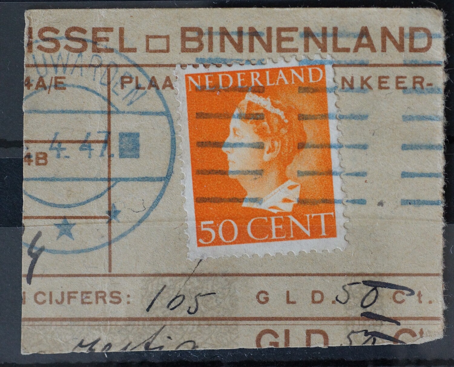 Postwissel stempel Leeuwarden (1947) op fragment postwissel met NVPH 344