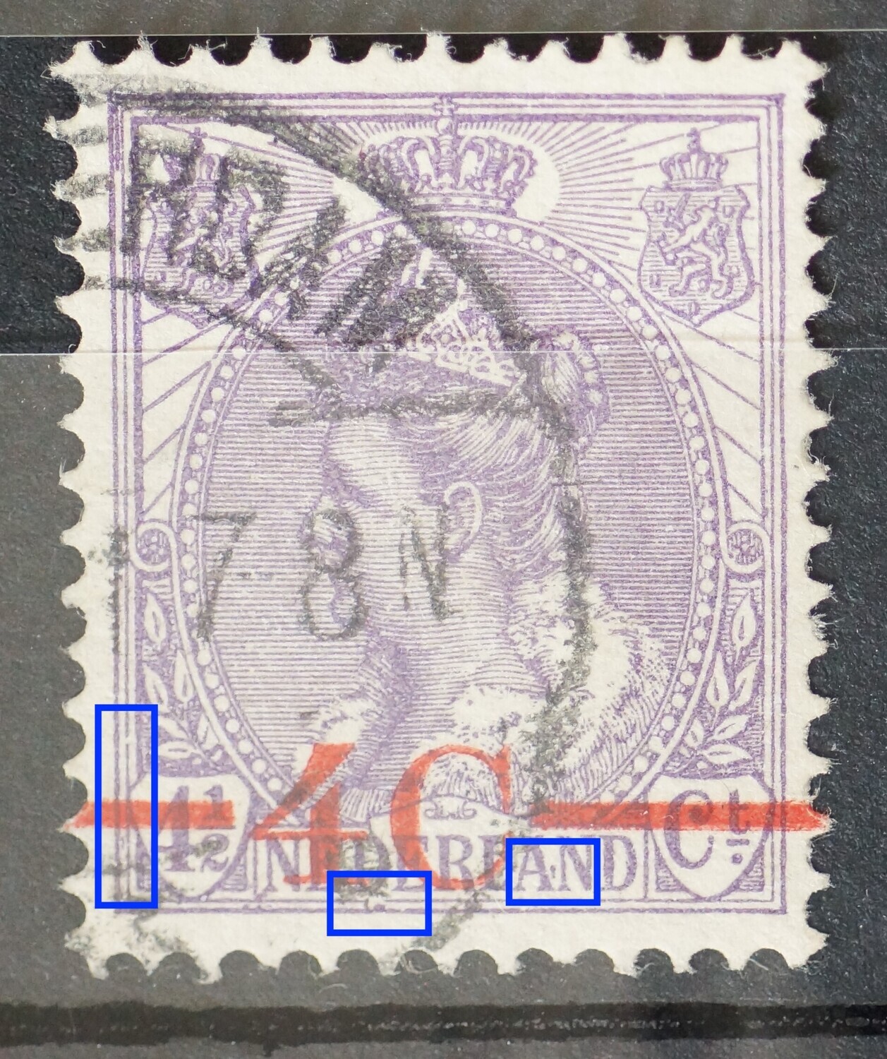 NVPH 106 - diverse breuken en violette vlek tussen AN van NEDERLAND