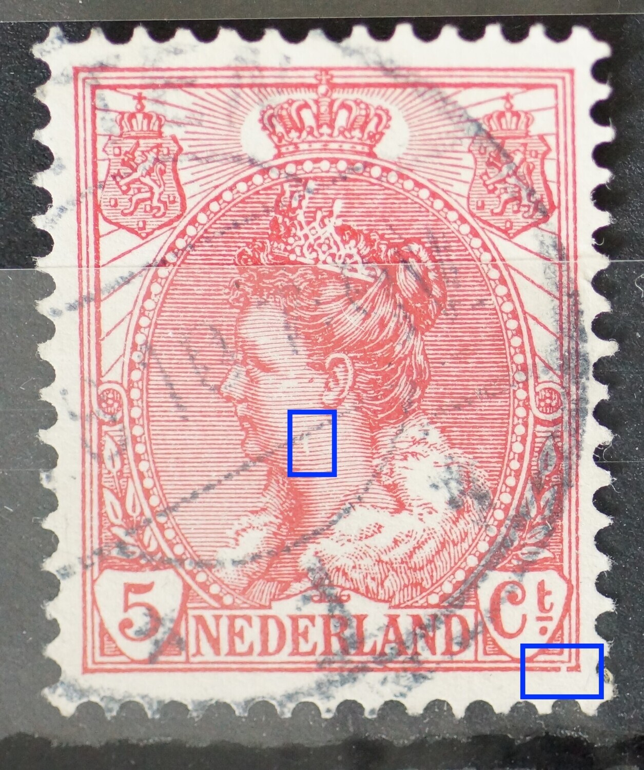 NVPH 60 - o.a. breuk in kaderlijn onder, rechts en witte kras in gezicht NVPH 60 - o.a. breuk in kaderlijn onder, rechts en witte kras in gezicht