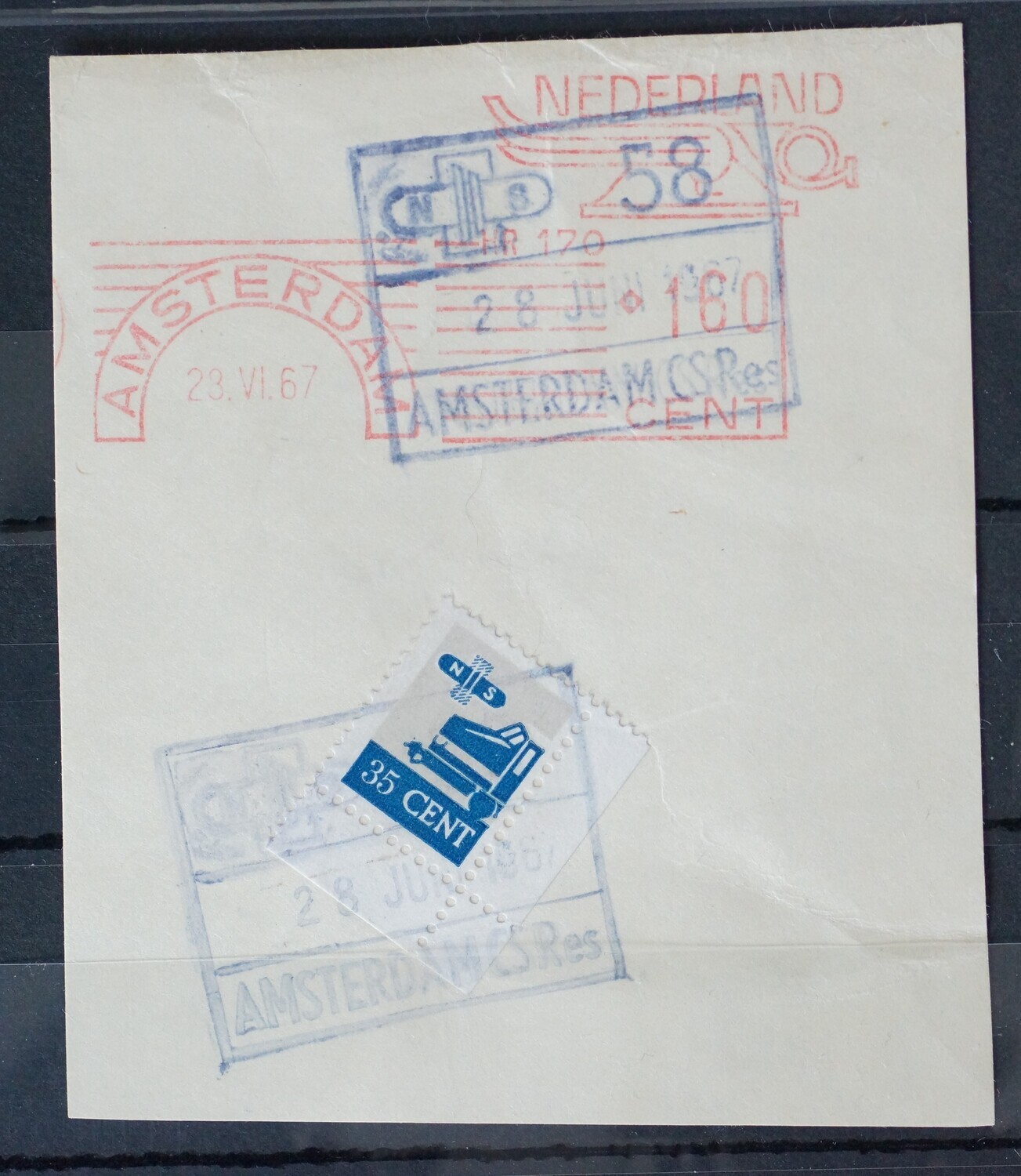 Spoorwegstempel Amsterdam CS Res op o.a. spoorwegzegel 35 cent