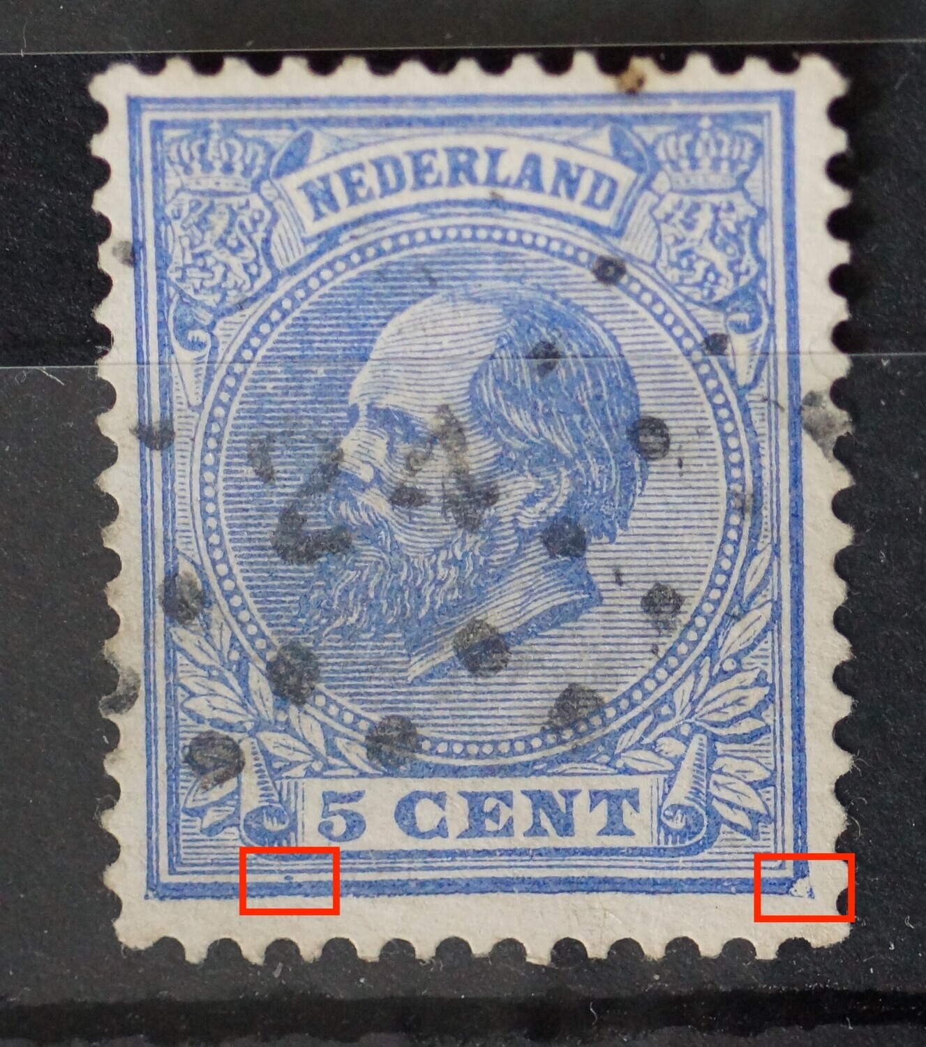 NVPH 19 - o.a. witte vlek in rechter onderhoek