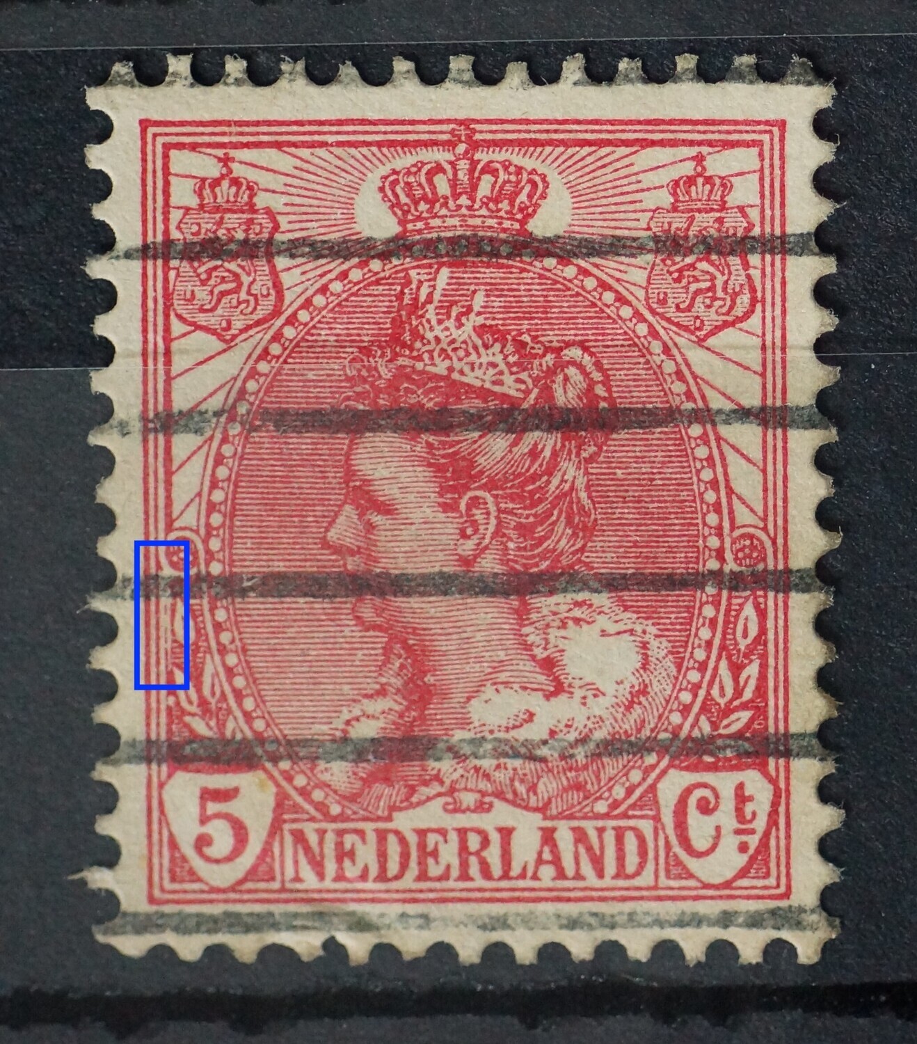NVPH 60 - beschadigde kaderlijn / witte streep onder linker rozet