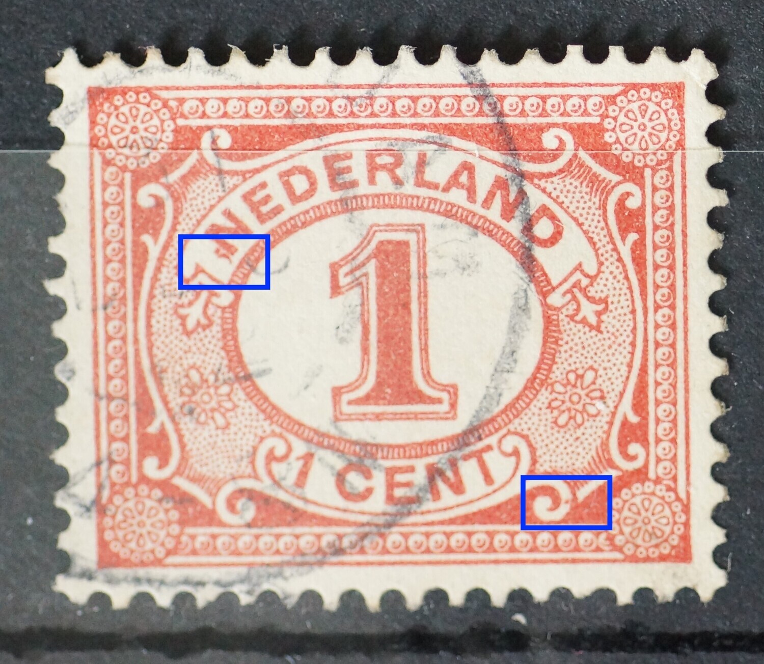 NVPH 51 - rode vlek voor de 1e N van NEDERLAND en rode punt in ornament rechtsonder