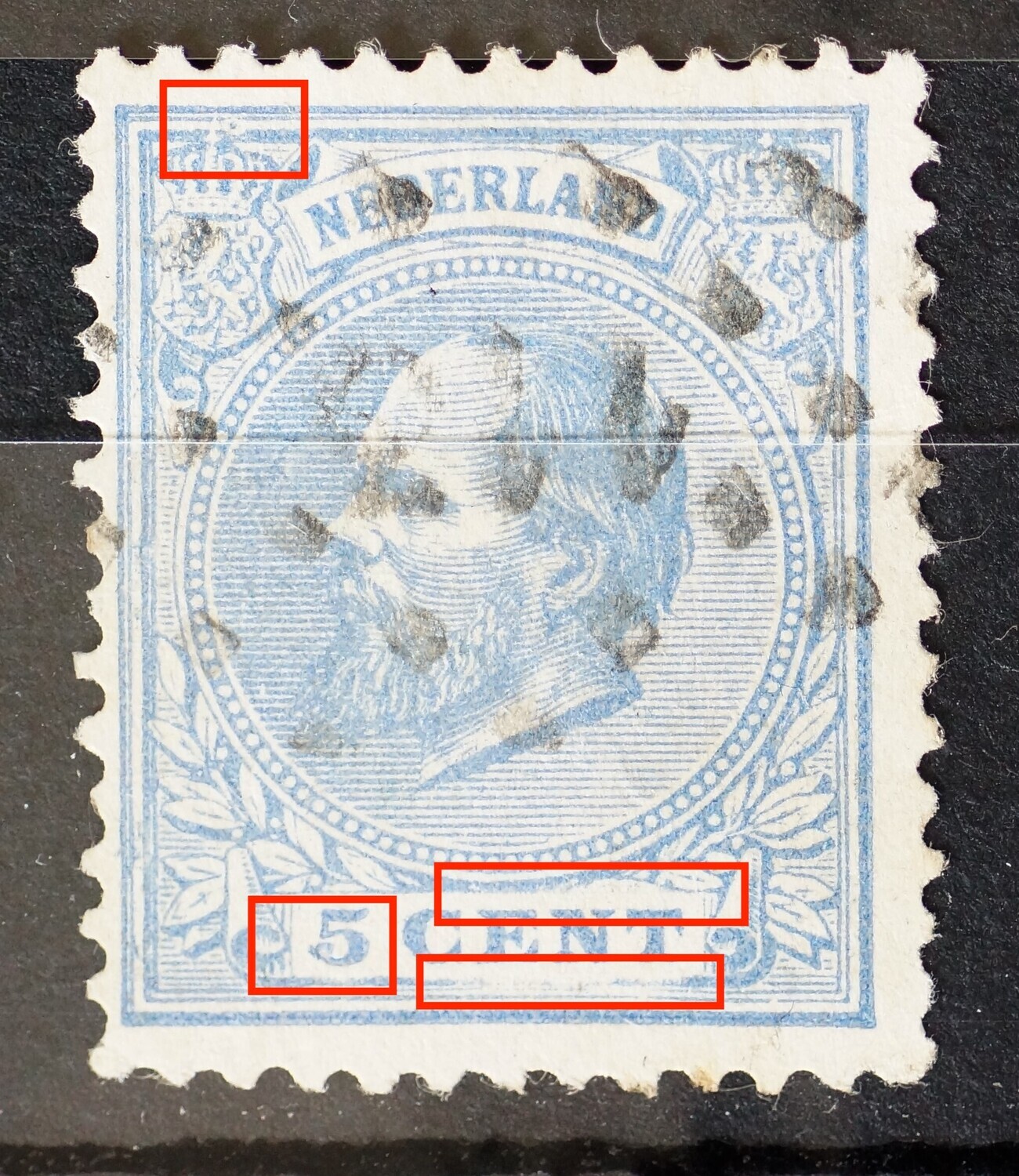 NVPH 19 - o.a. blauwe punt bij linker wapenschild, ontbrekend kader om 5 Cent etc.