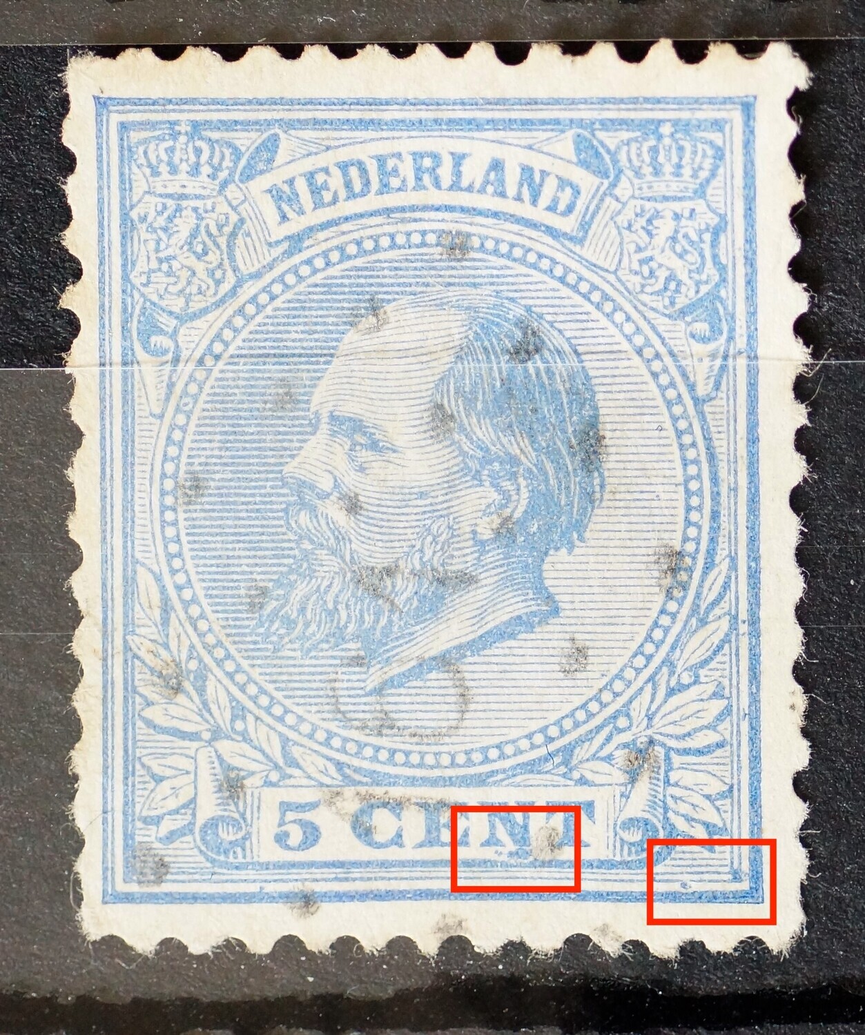 NVPH 19 - o.a. blauwe vlek onder de N van CENT en blauwe punt in rechter onderhoek