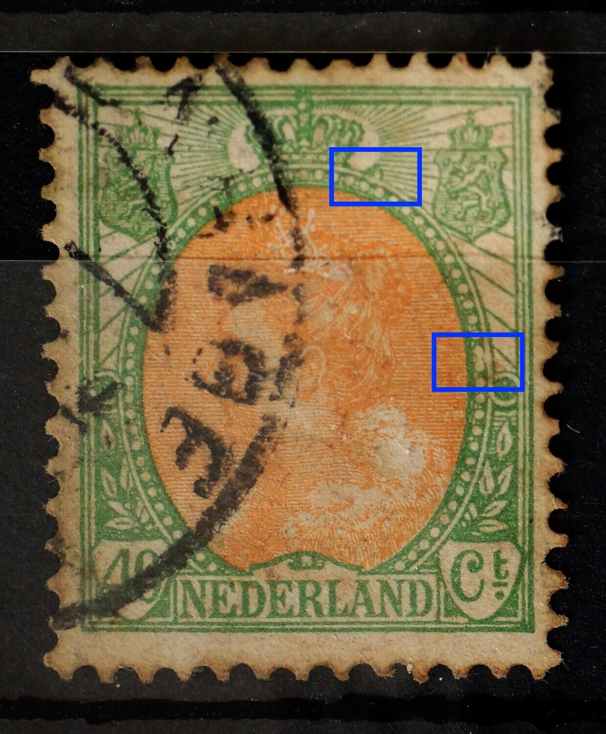 NVPH 73 - o.a. groene vlek in stralen rechts van kroon
