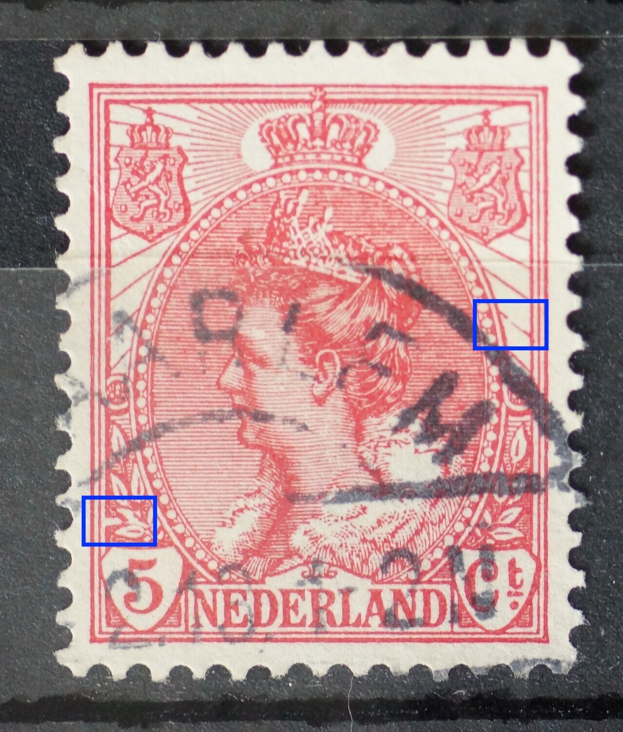 NVPH 60 - grote witte vlek bij bladeren links en dunne straal boven rechter rozet NVPH 60 - grote witte vlek bij bladeren links en dunne straal boven rechter rozet