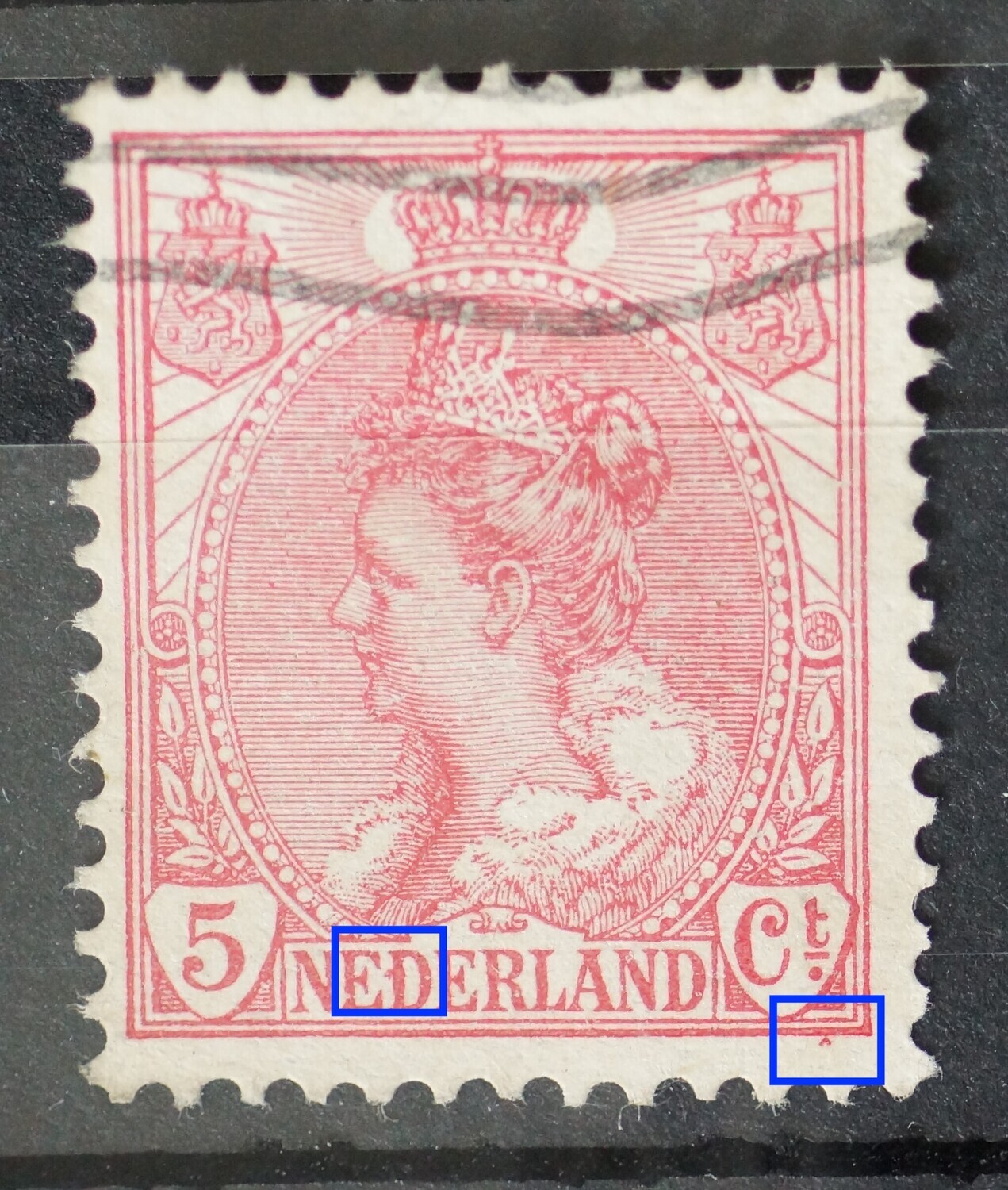 NVPH 60 - rode vlek bij 1e D van NEDERLAND en onder Ct.