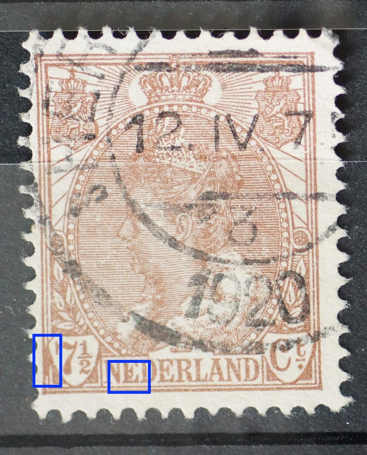 NVPH 61 - bruine vlek voor de 7 1/2 en bij 1e N van NEDERLAND