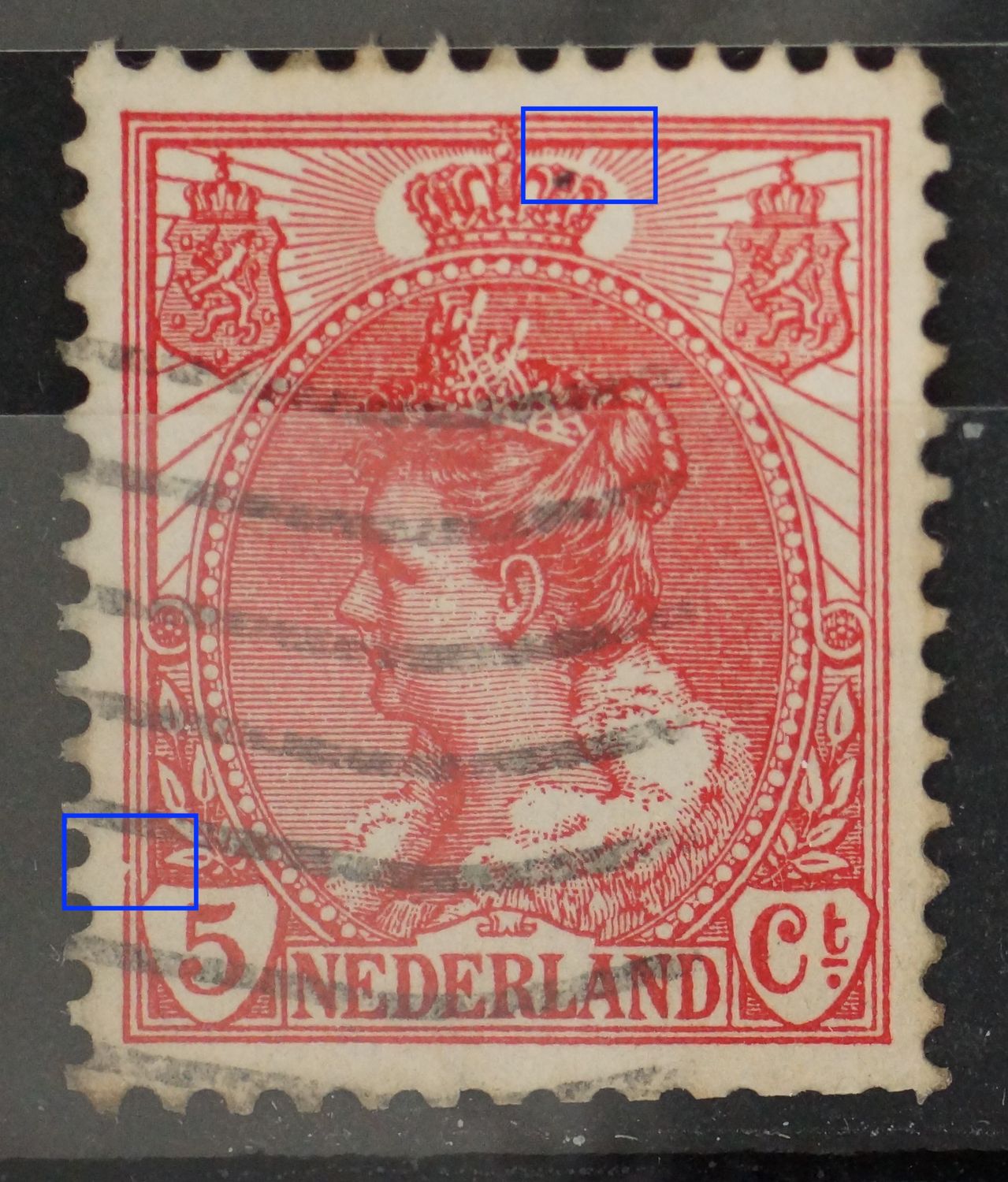 NVPH 60 - ontbrekende straal, rechts boven de kroon