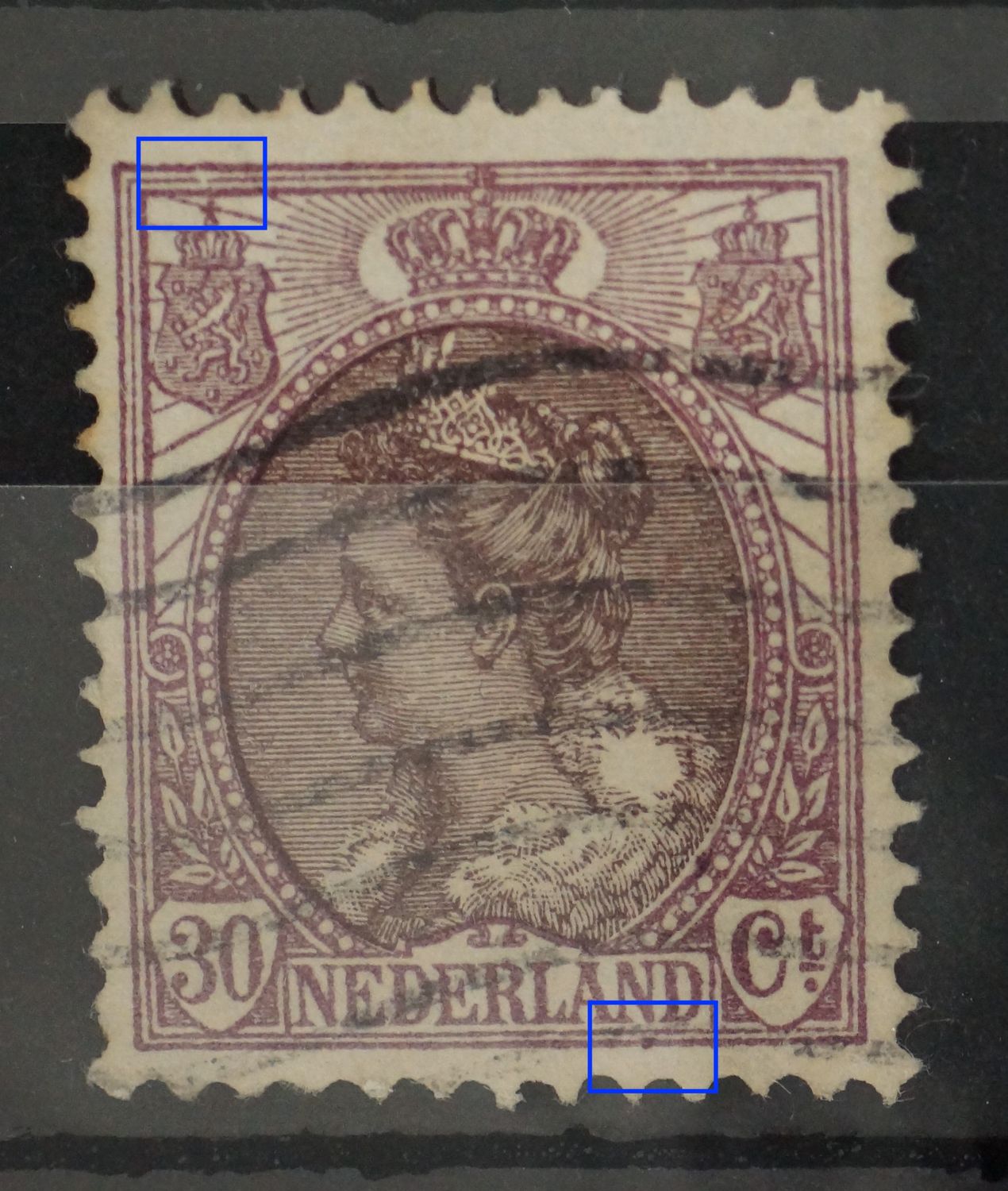 NVPH 72 - o.a. breuk in kaderlijn boven linker wapenschild