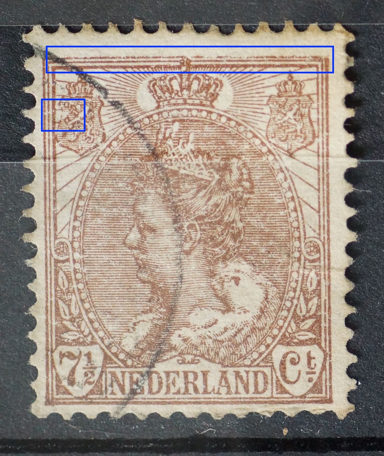 NVPH 61 - o.a. bruine vlek in bontkraag en dunnen plek in kaderlijn rechts