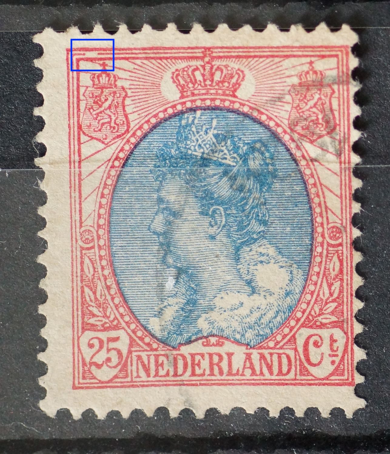 NVPH 71 - breuk in kaderlijn boven, links NVPH 71 - breuk in kaderlijn boven, links