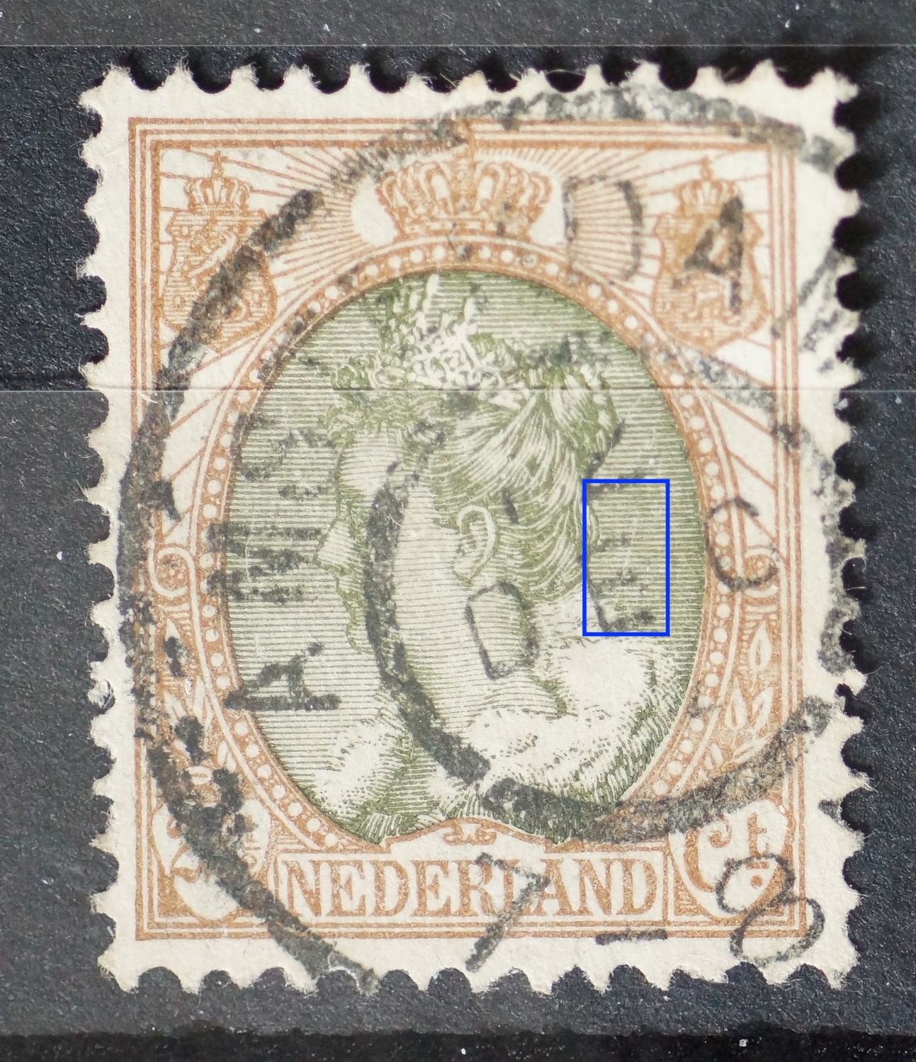 NVPH 70 - dunne witte kras door arcering achter het hoofd