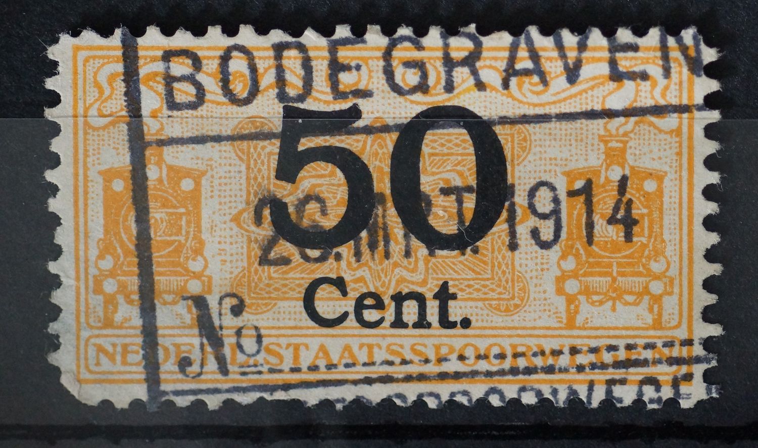 Spoorwegstempel Bodegraven op spoorwegzegel 50 Cent.