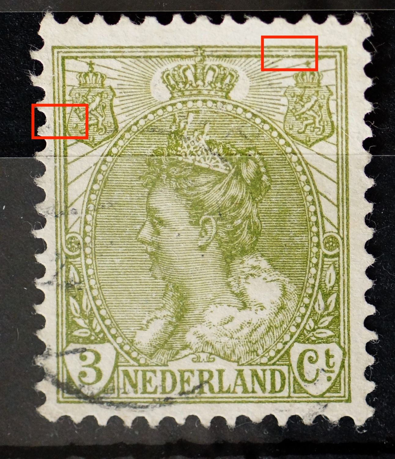 NVPH 57 -breuk in kaderlijnen boven, rechts NVPH 57 -breuk in kaderlijnen boven, rechts