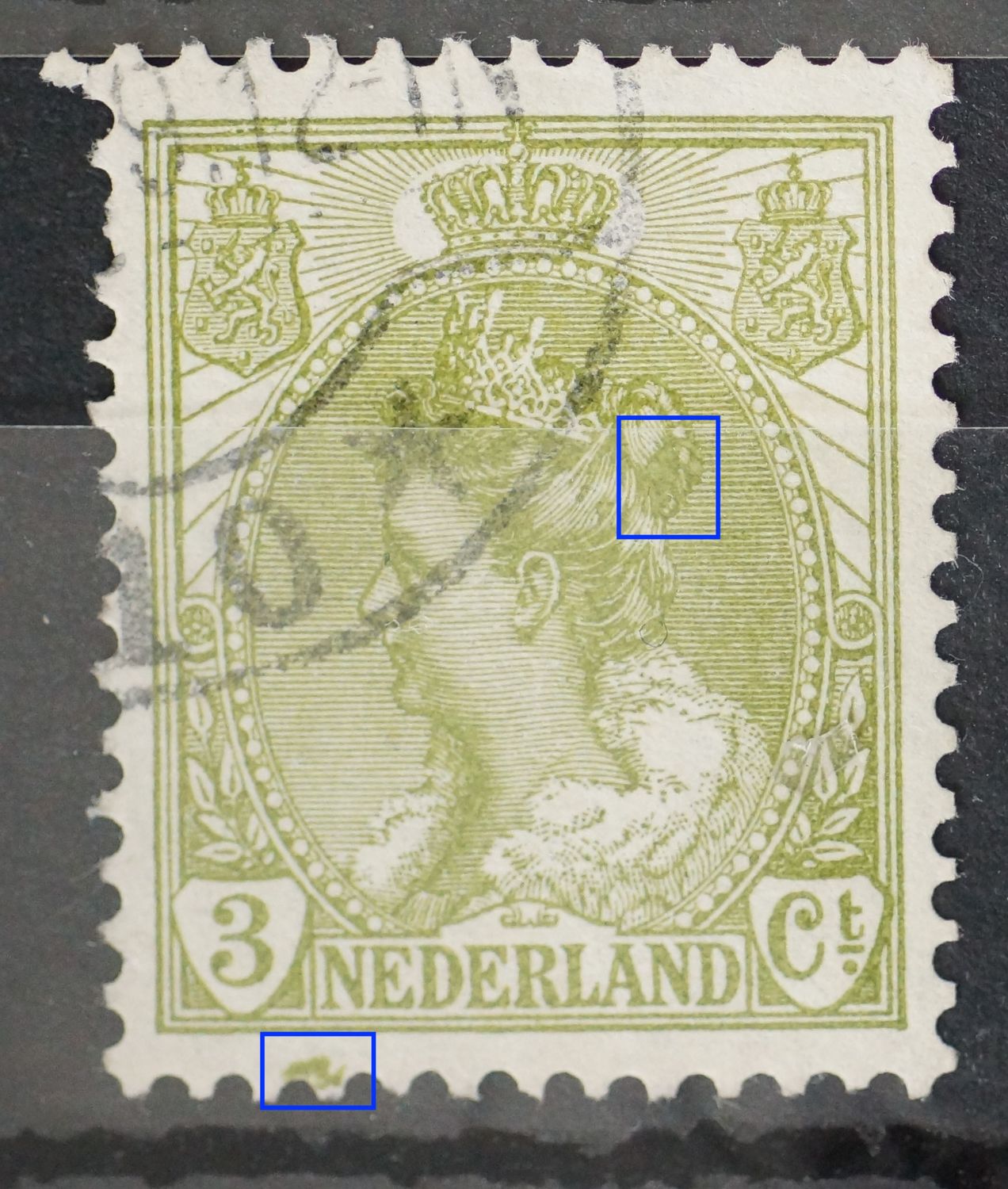 NVPH 57 - grote groene vlek onder het zegelbeeld en watervlek in het knotje