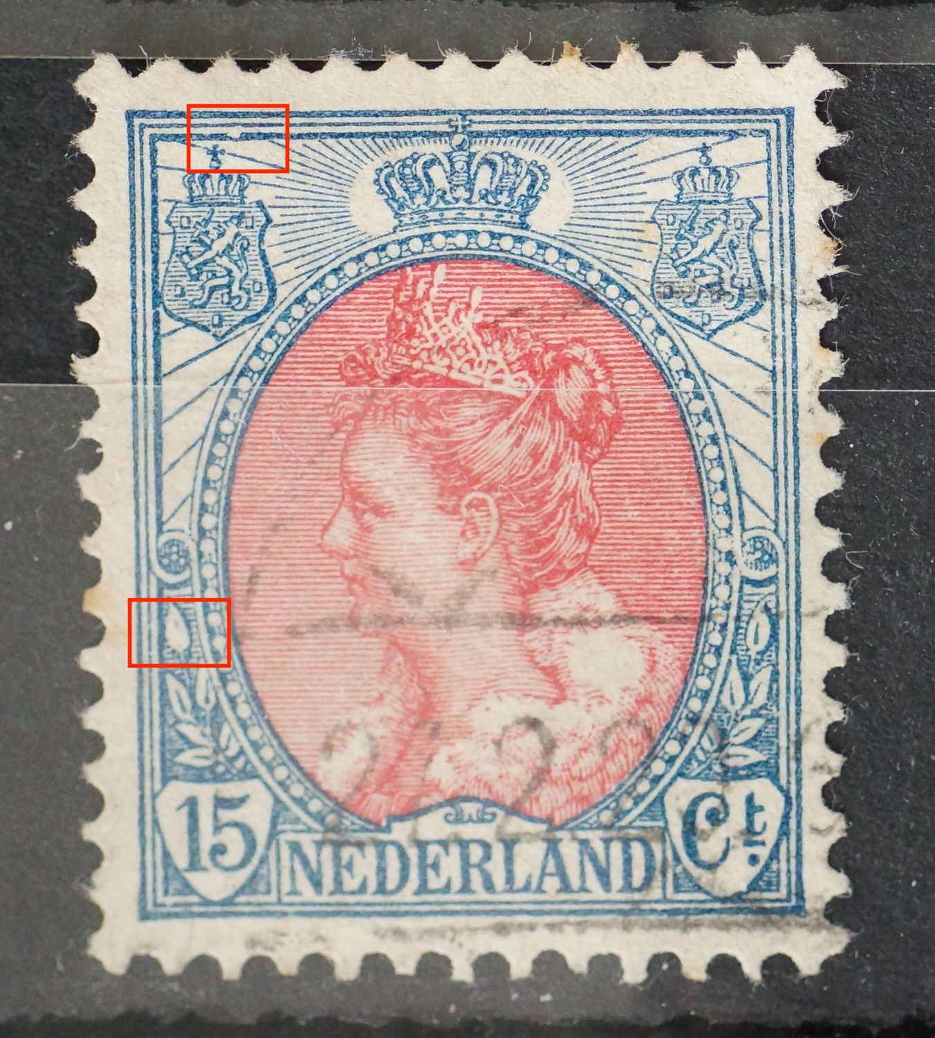 NVPH 65 - nerf in bovenste blad links ontbreekt en witte vlek in kaderlijn boven NVPH 65 - nerf in bovenste blad links ontbreekt en witte vlek in kaderlijn boven