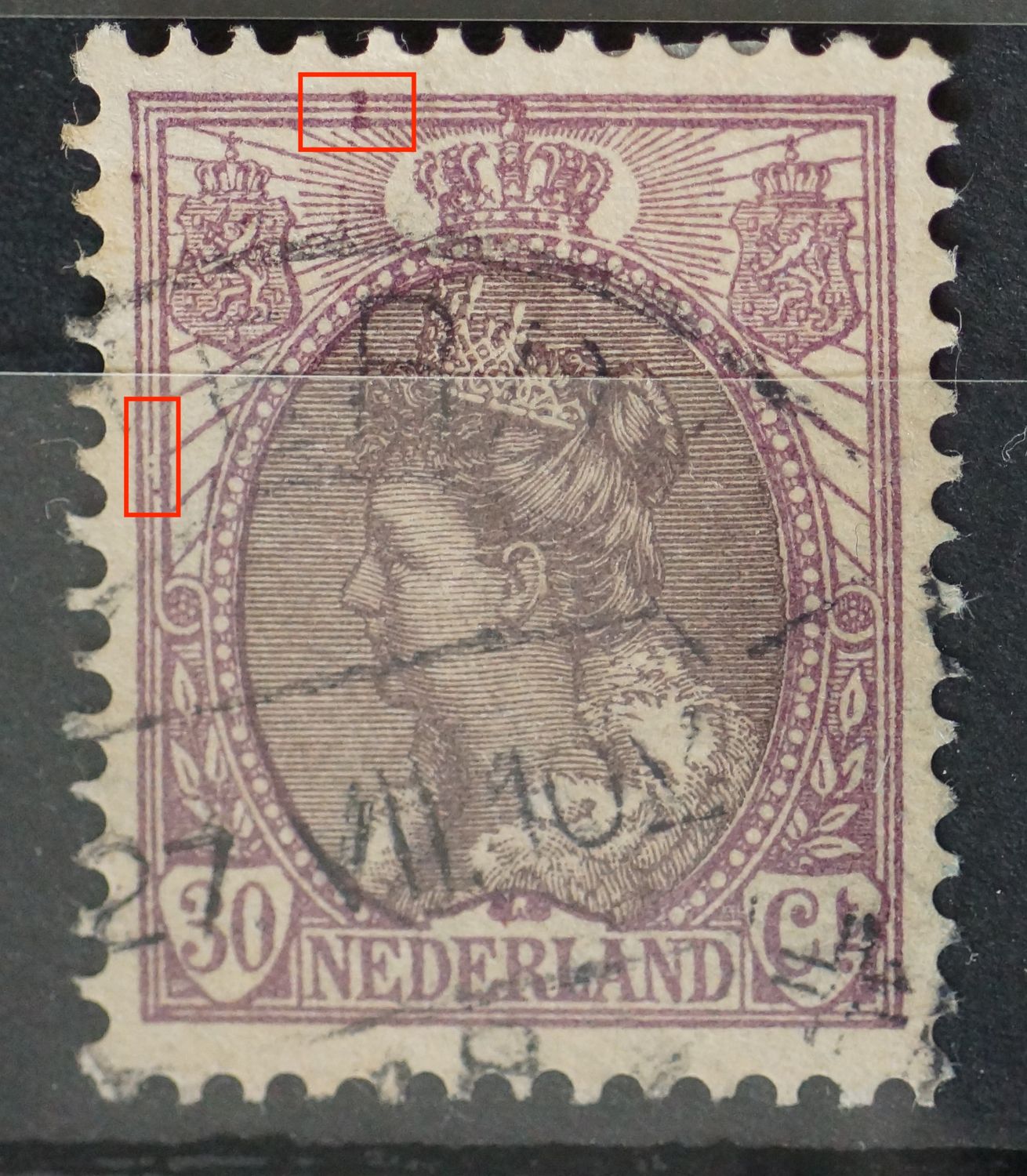 NVPH 72 - breuk met punt kaderlijnen links, violette vlekken boven