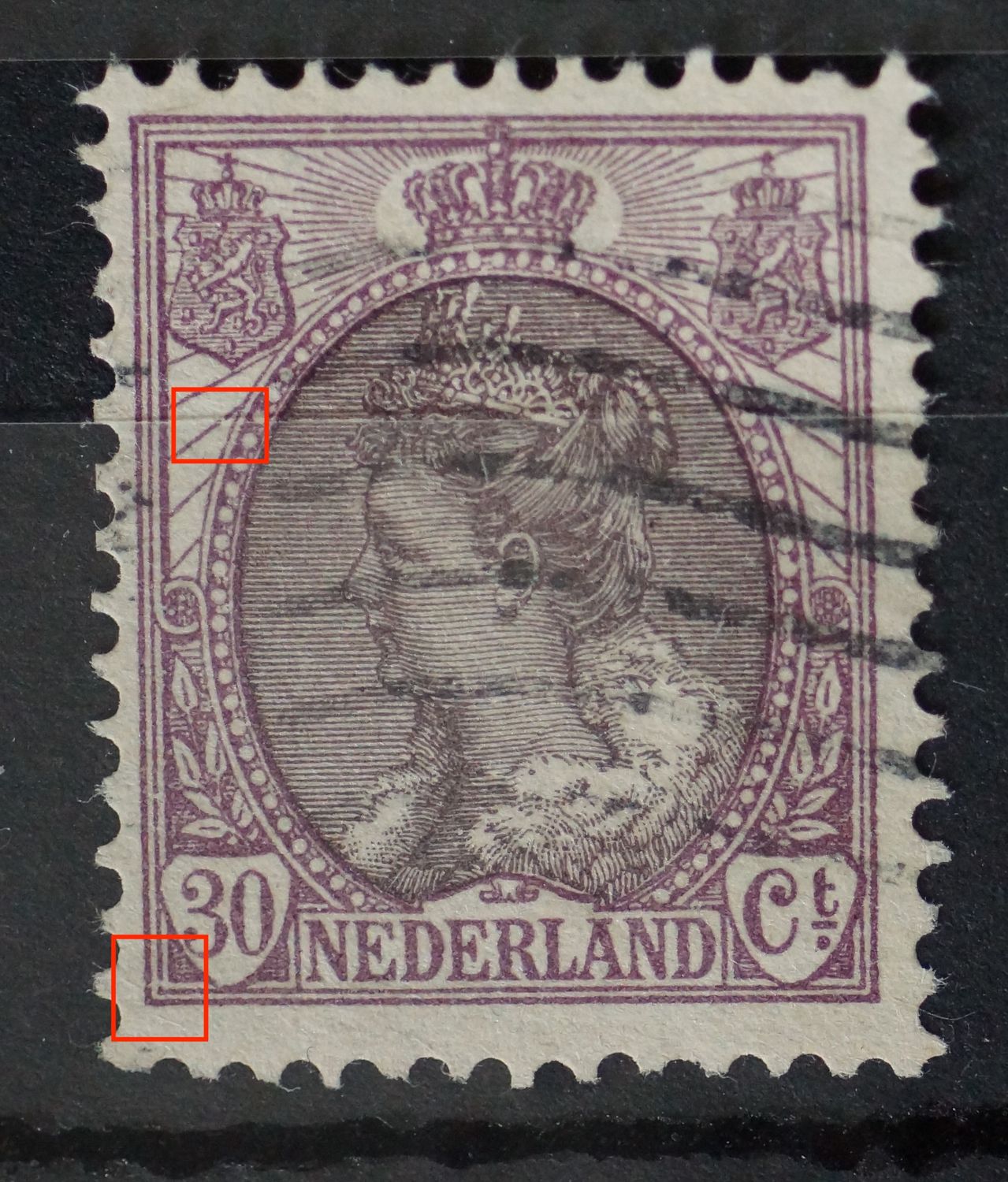 NVPH 72 - breukje in straal onder linker wapenschild