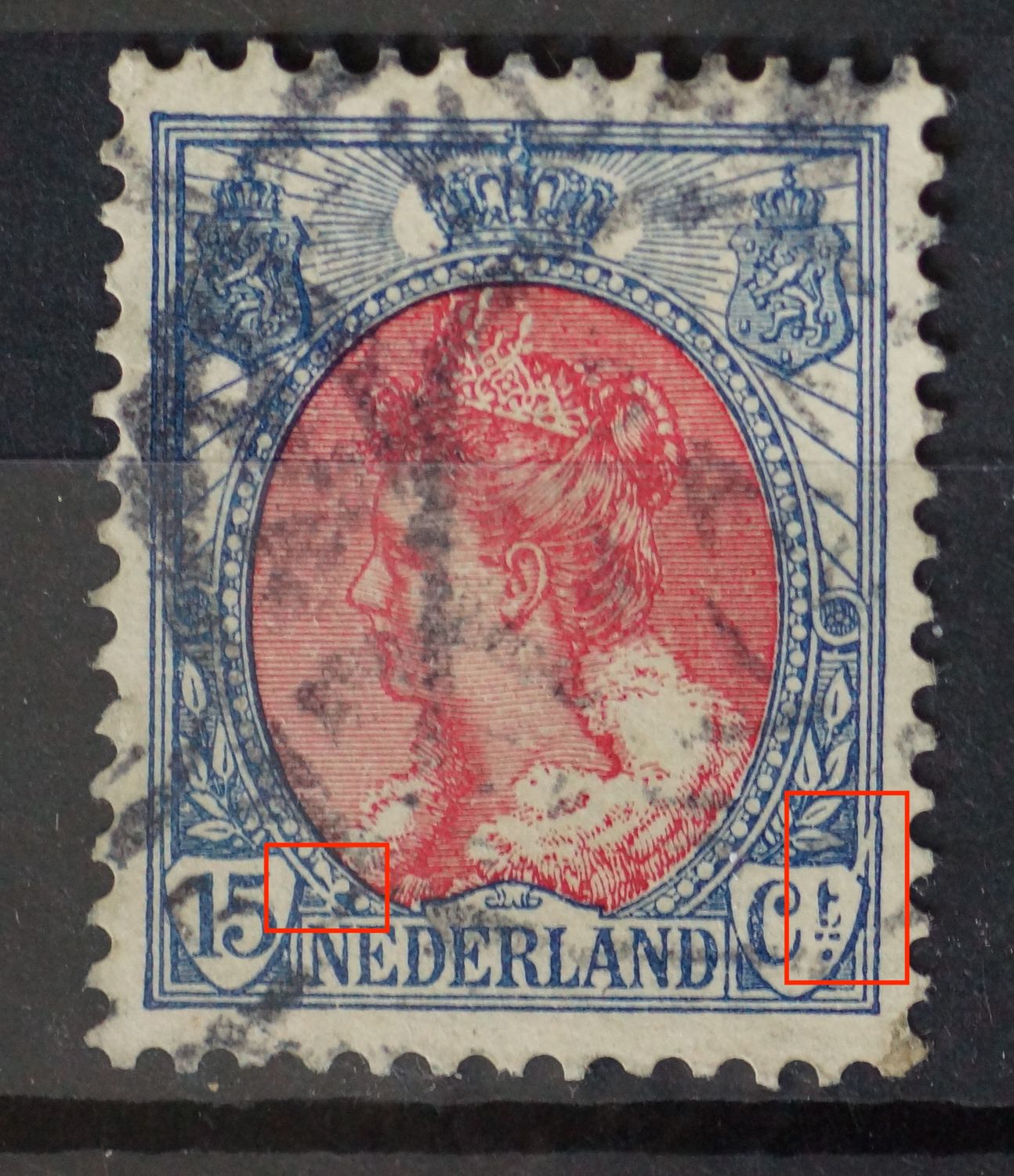 NVPH 65 - brede witte streep rechts (o.a. door de t van Ct.) en witte vlek onderin medaillon links NVPH 65 - brede witte streep rechts (o.a. door de t van Ct.) en witte vlek onderin medaillon links