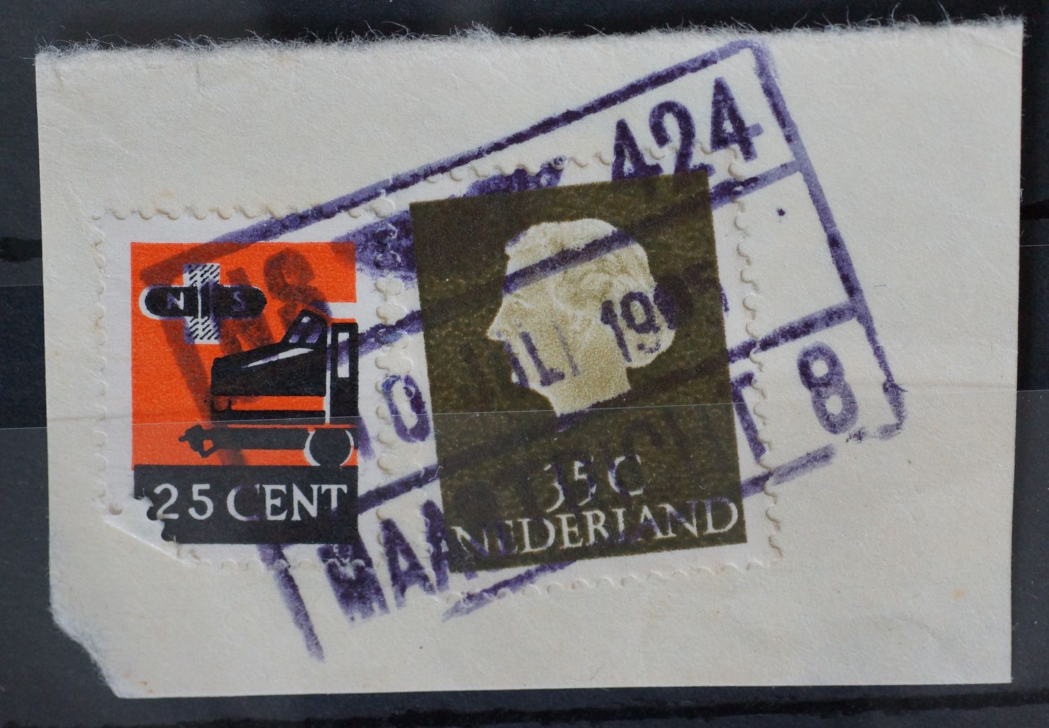 Spoorwegstempel Maastricht 8 op spoorwegzegel 25 cent en NVPH 625