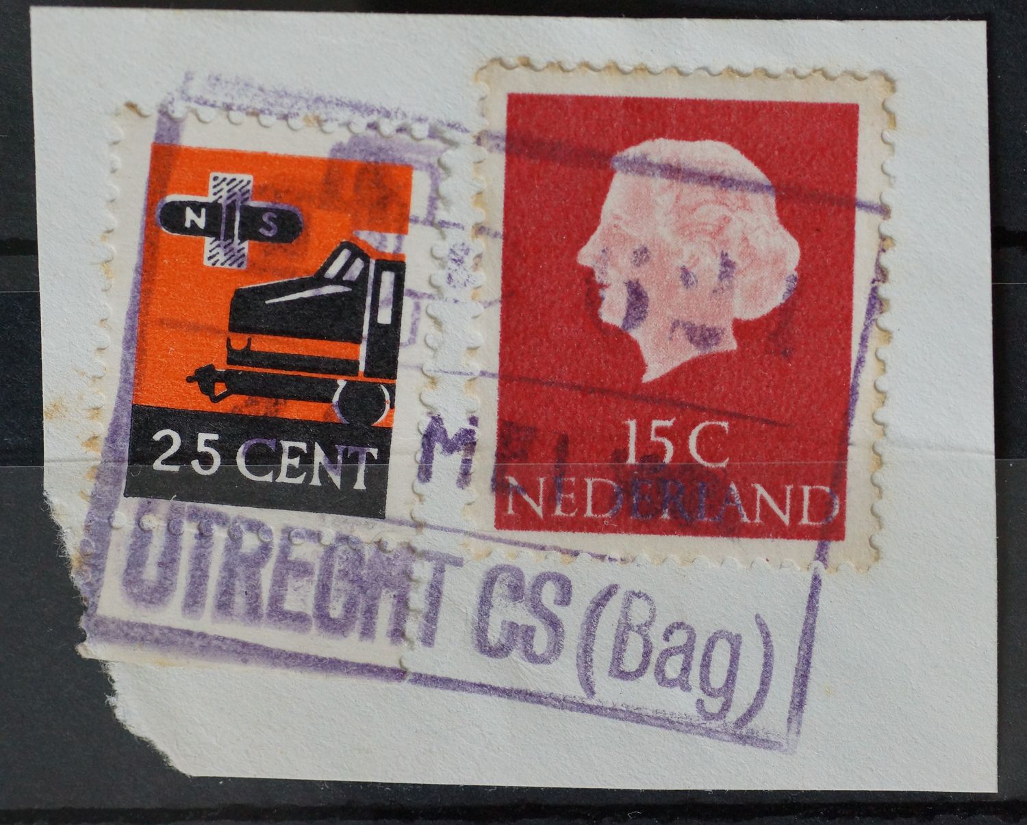 Spoorwegstempel Utrecht C.S. op spoorwegzegel 25 cent en NVPH 619