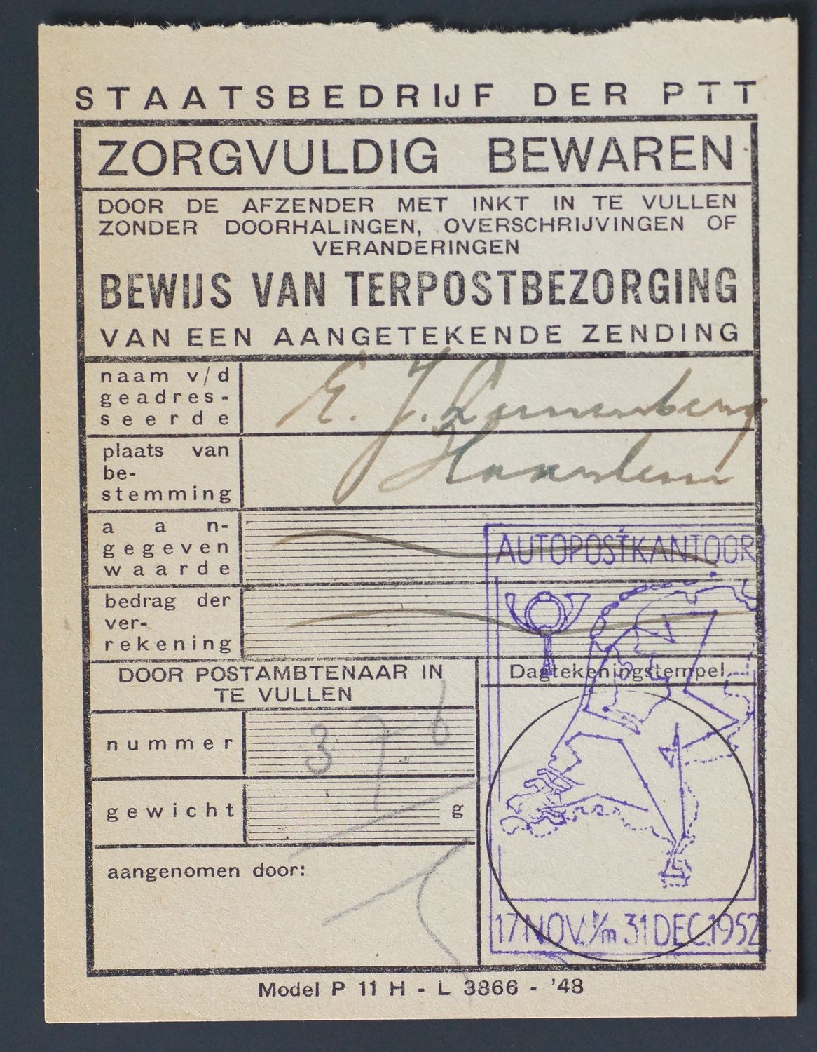 Gelegenheidsstempel Autpostkantoor 1952 op formulier terpostbezorging