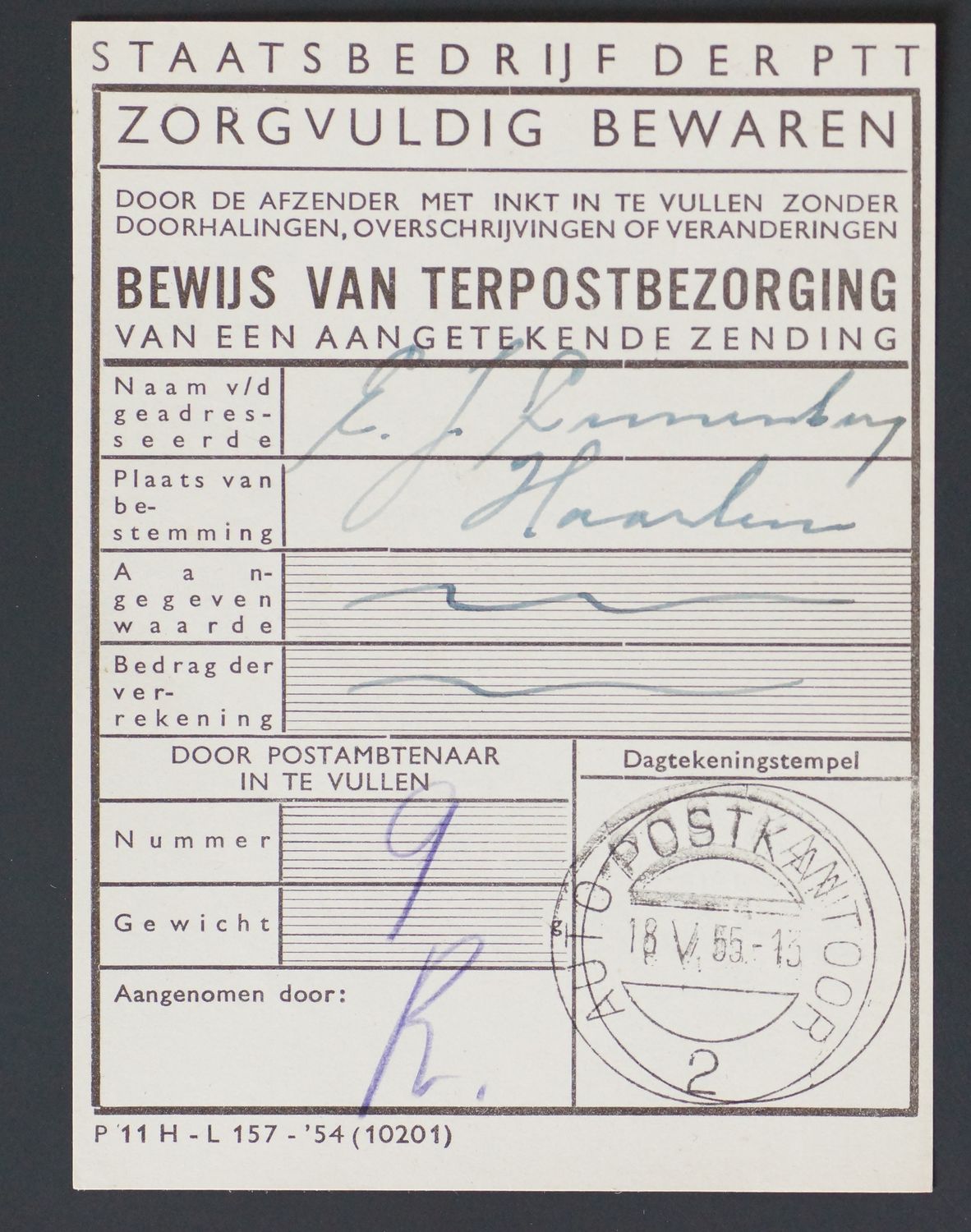 Open balkstempel Autopostkantoor 2  op formulier terpostbezorging