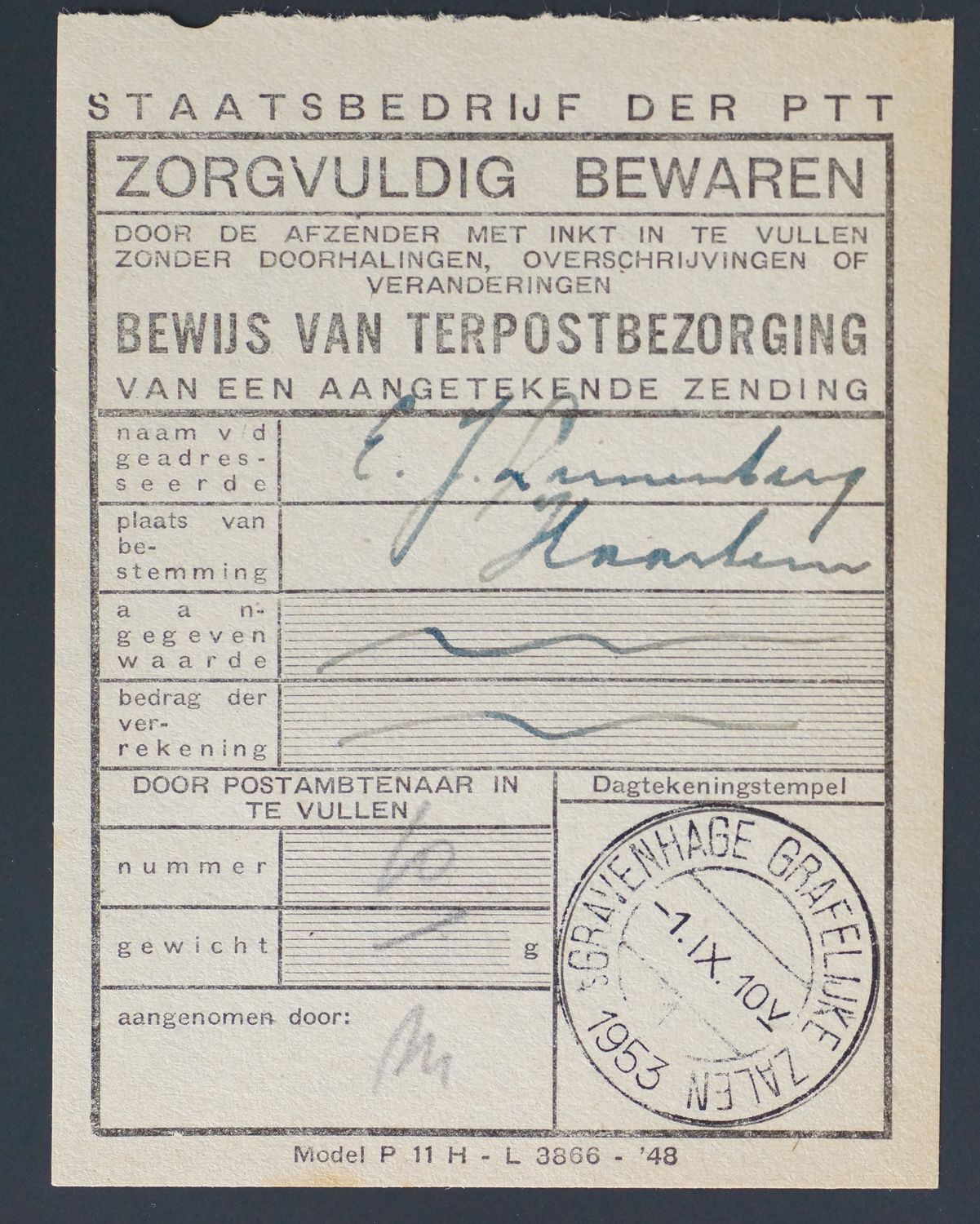 Kortebalk stempel sGravenhage F+Grafelijke Zalen (1953)  op formulier terpostbezorging