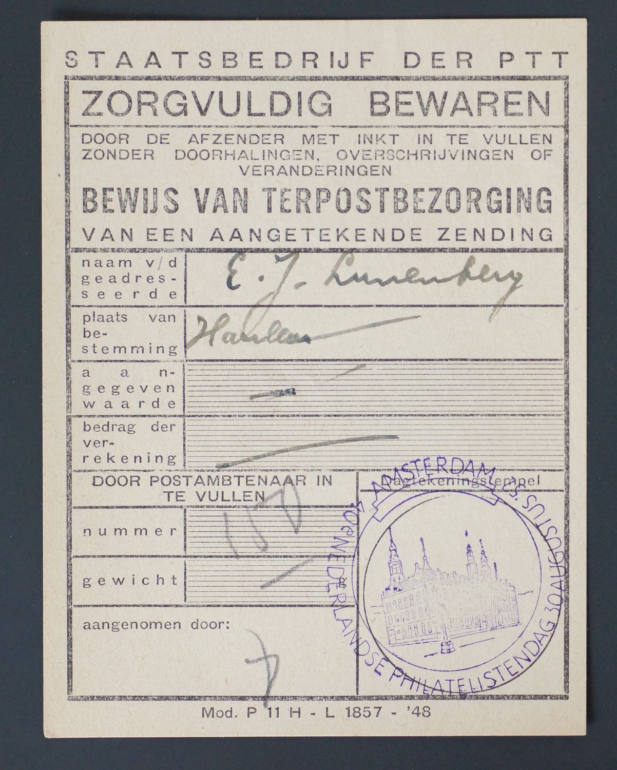 Gelegenheidsstempel Ned. Philatelistendag 1952 op formulier terpostbezorging