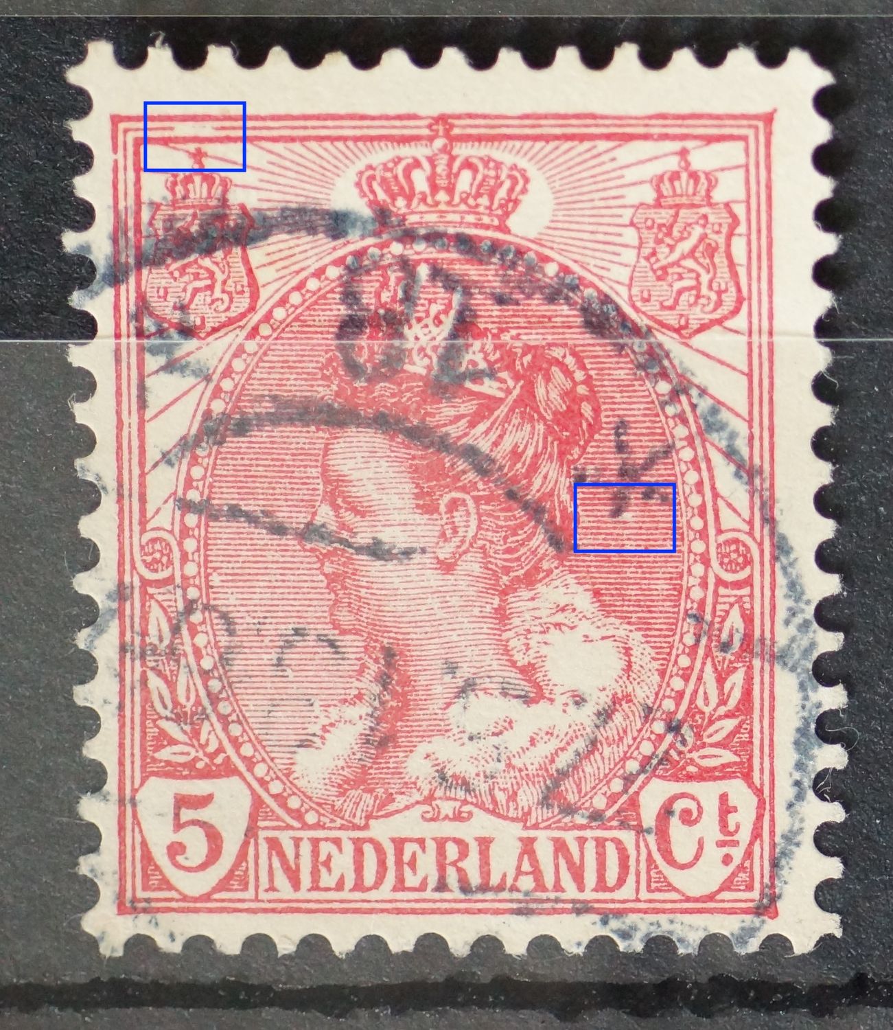 NVPH 60 - grote breuk in kaderlijn boven, links NVPH 60 - grote breuk in kaderlijn boven, links