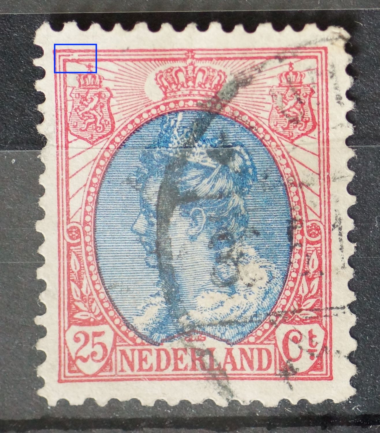 NVPH 71 - witte vlek / breuk in kaderlijn boven, helemaal links
