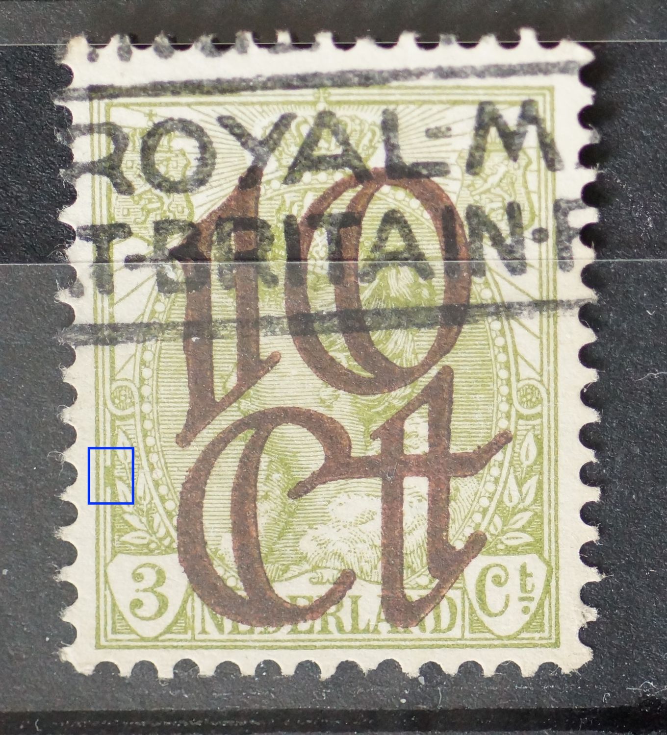 NVPH 116 - groene vlek tussen kaderlijnen links NVPH 116 - groene vlek tussen kaderlijnen links