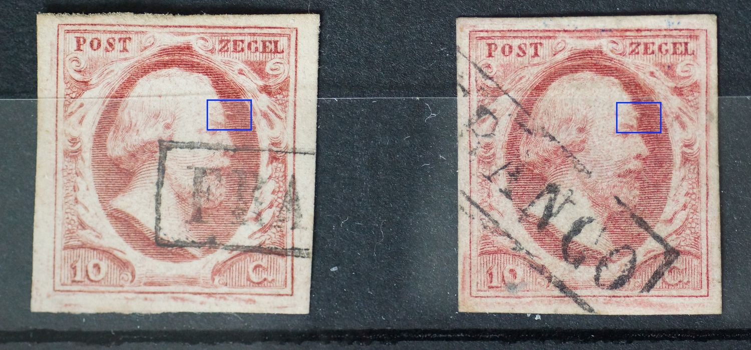 NVPH 2 - zegel met hoorn op voorhoofd (links) en zegel met geretoucheerde hoorn (rechts) NVPH 2 - zegel met hoorn op voorhoofd (links) en zegel met geretoucheerde hoorn (rechts)