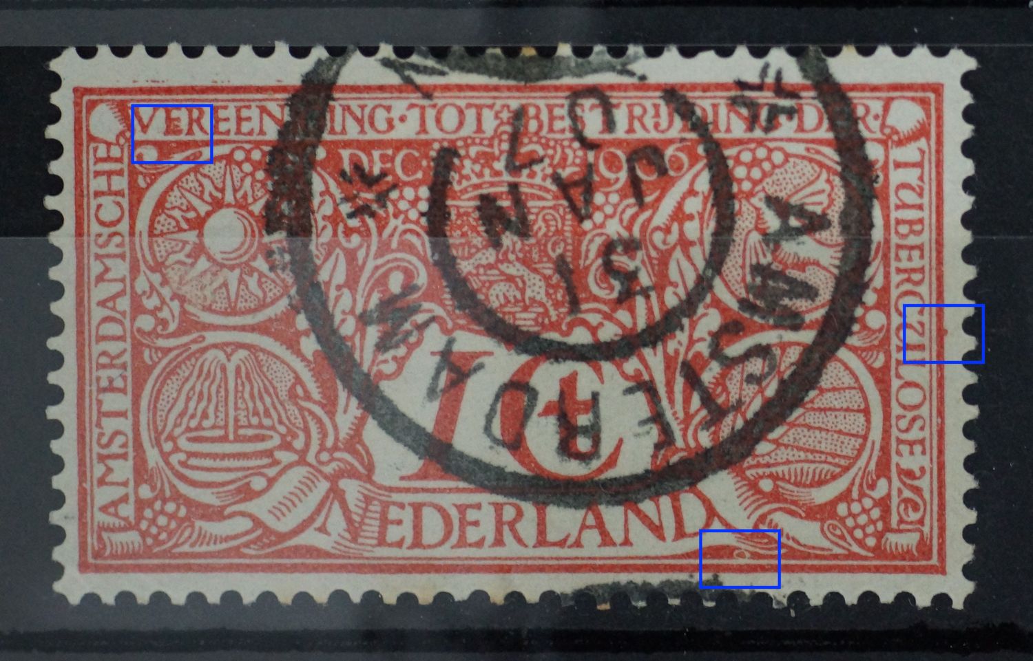 NVPH 84 - o.a. rode vlek in witte vlek rechtsonder en rode vlek in de 1e E van VEREENIGING