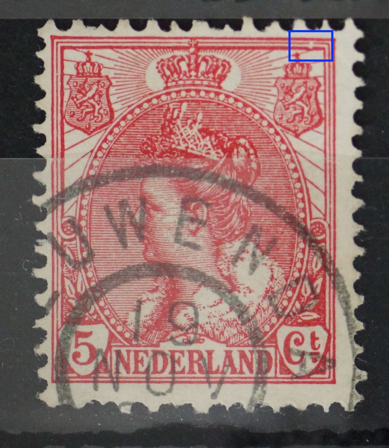 NVPH 60 - o.a. breuk in kaderlijnen boven rechter wapenschild NVPH 60 - o.a. breuk in kaderlijnen boven rechter wapenschild