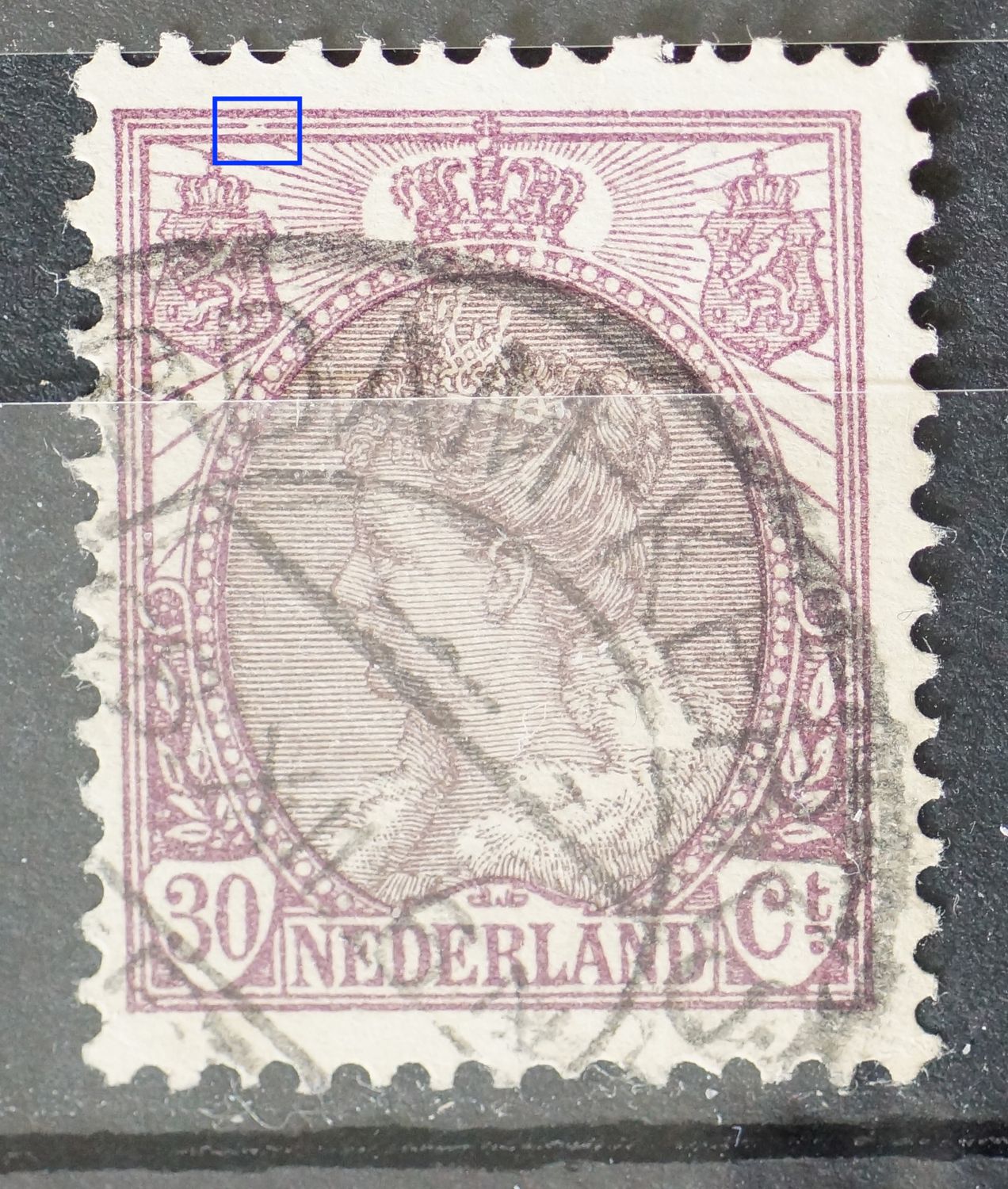 NVPH 72 - breuk in kaderlijn boven, links NVPH 72 - breuk in kaderlijn boven, links