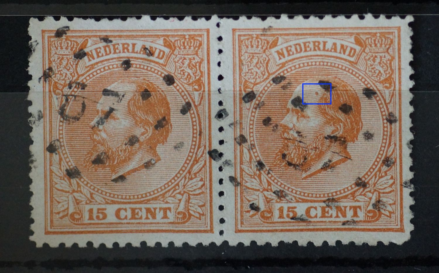 NVPH 23 (paar) - bruine punt op het voorhoofd (rechter zegel)